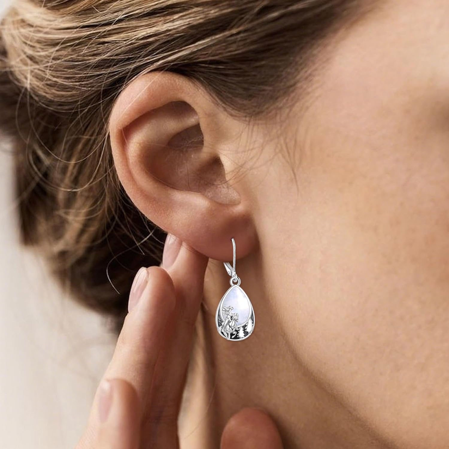 Genuine Moonstone Female Knight Horse Trees Earrings for Women,925 Sterling Silver Teardrop Dangling Earrings Vintage Healing Rainbow Gemstone Jewelry for Horse lover - Image 2