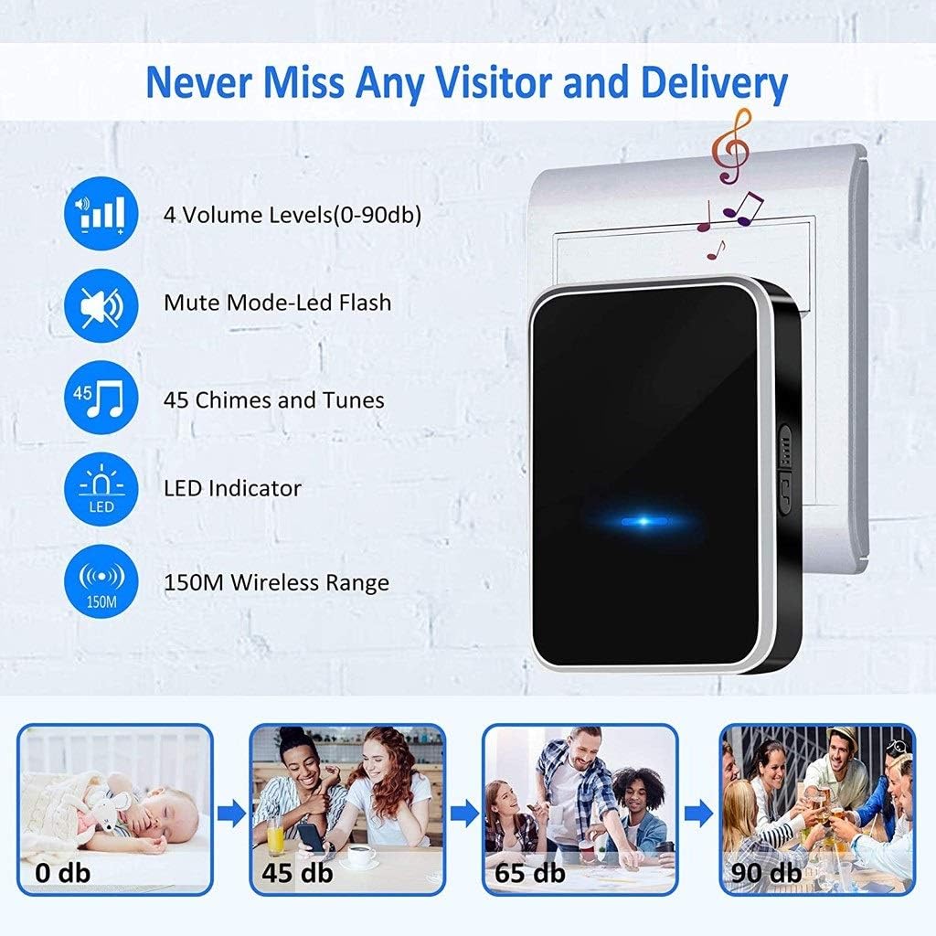 Waterproof Doorbell Electronic Chime Kit with 2 Plug-in Home Intelligent Door Bell Chime Doorbell