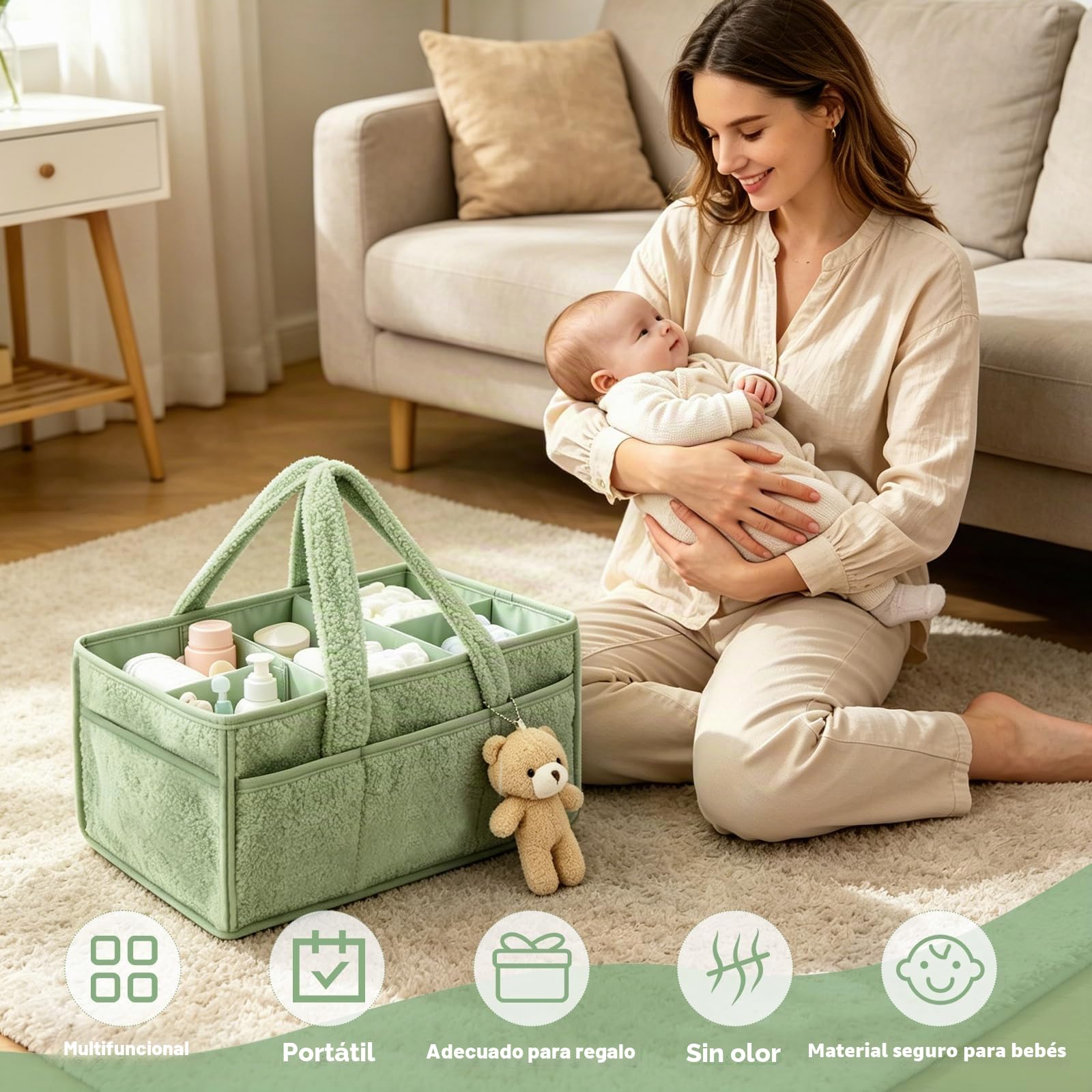 Organizador Pañales, Portátil Organizador Cambiador Bebe con Compartimentos y Asas, Plegable Cesta de Almacenamiento Bebés para Viajes, Cesta de Pañales para Toallitas, Verde