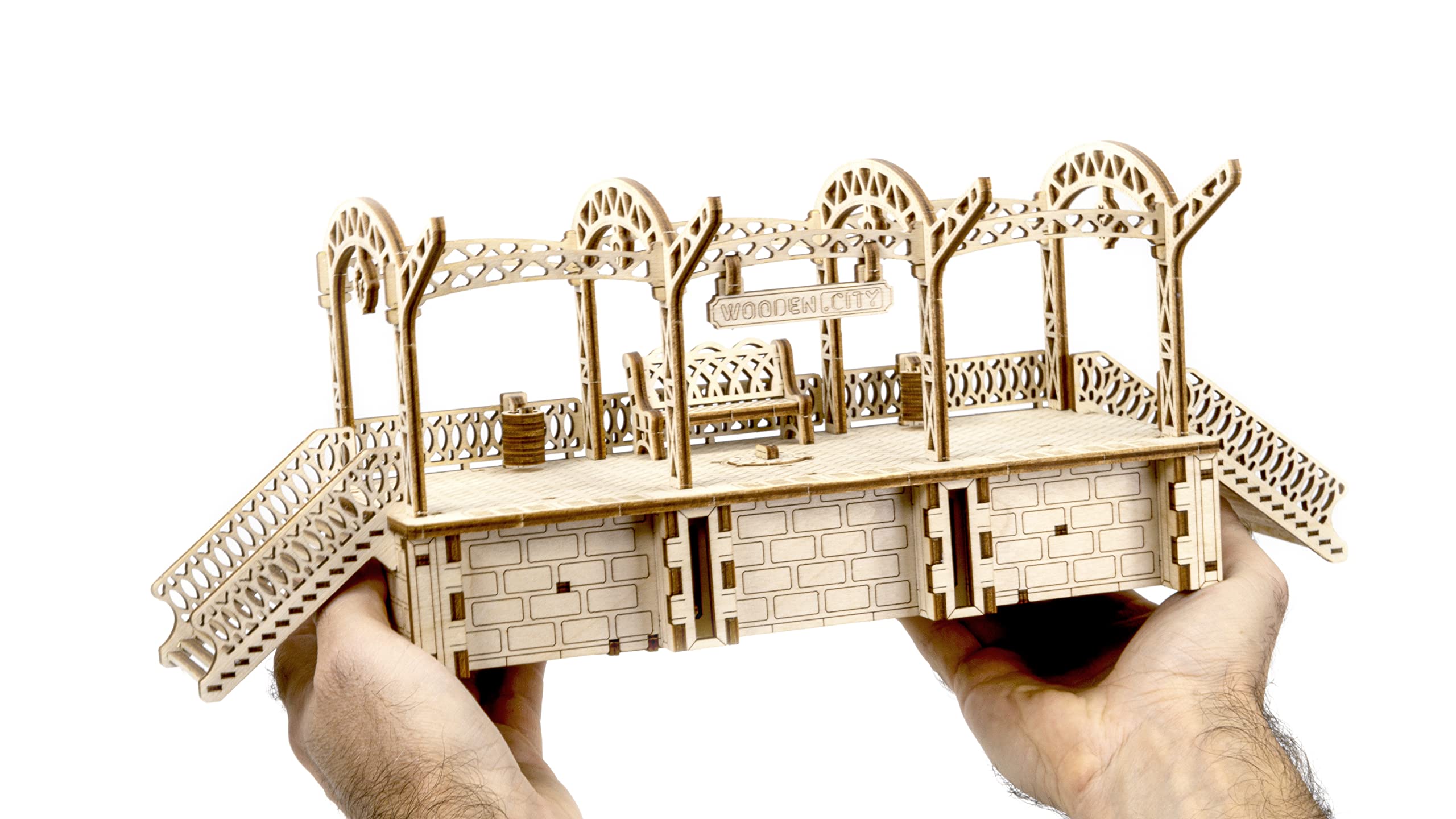 Wooden.City Drewniany model zestaw do budowania - stacja kolejowa - mechanika - urodziny dla nastolatków i dorosłych - Puzzle 3D DIY Toy - Cięcie laserowe