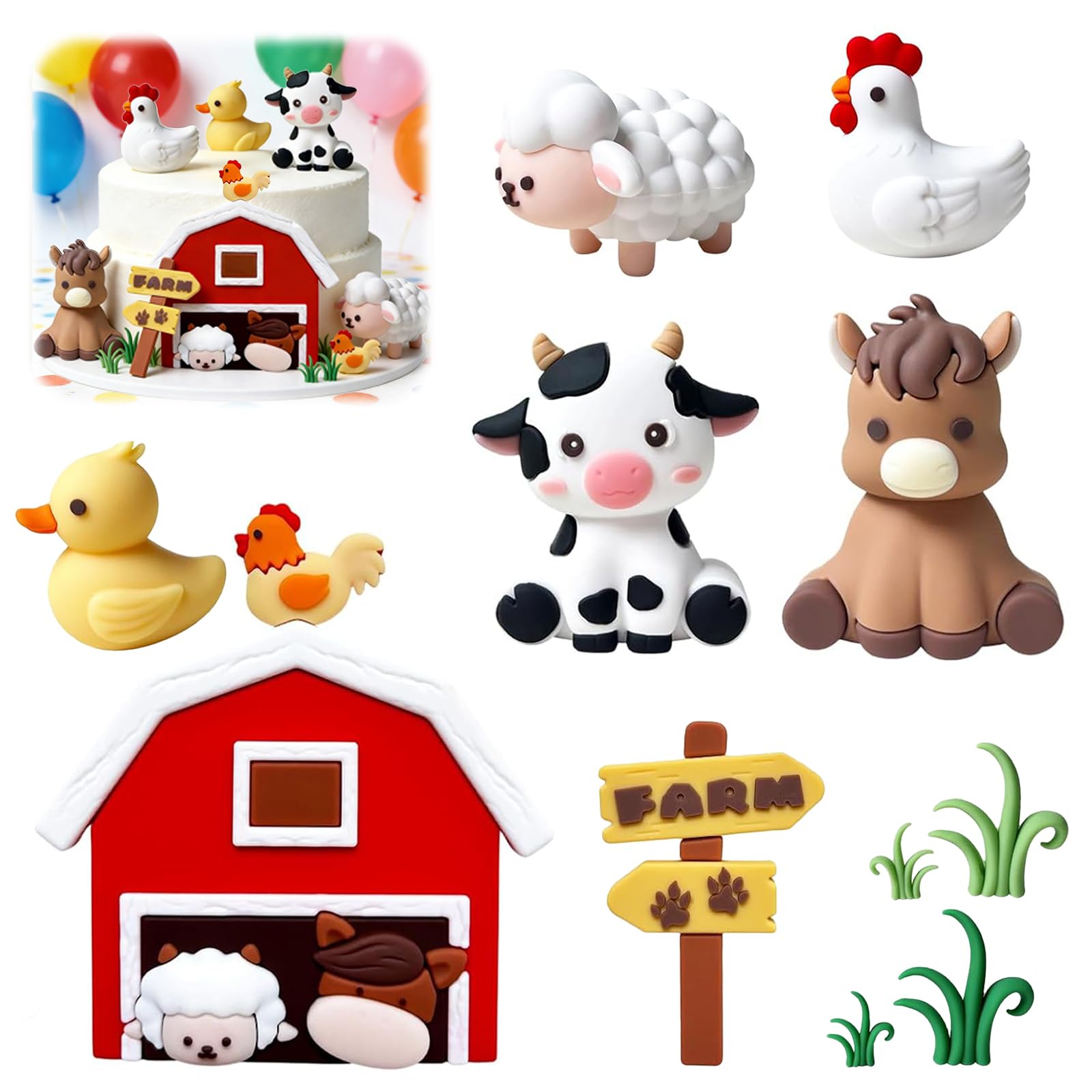 Farm Animal Cake Toppers 9 PCS – 3D Farm Cake Decorations Set – Cute Animal Figures with Grass and Shed – Farm Animal Cake Decor Birthday Baby Shower Cake Decoration