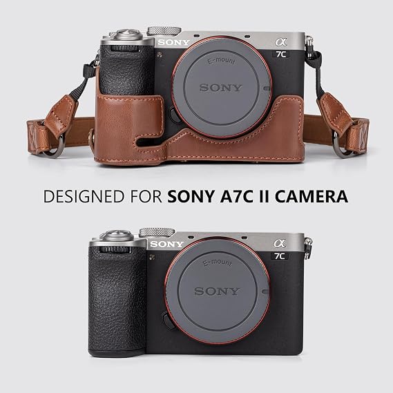 MUZIRI KINOKOO Sony A7C II Case, Retro PU Leather Protective Case for Sony A7C2/A7C II/Alpha 7C II Camera - with Bottom Opening & Shoulder Strap & Storage Pocket - Coffee