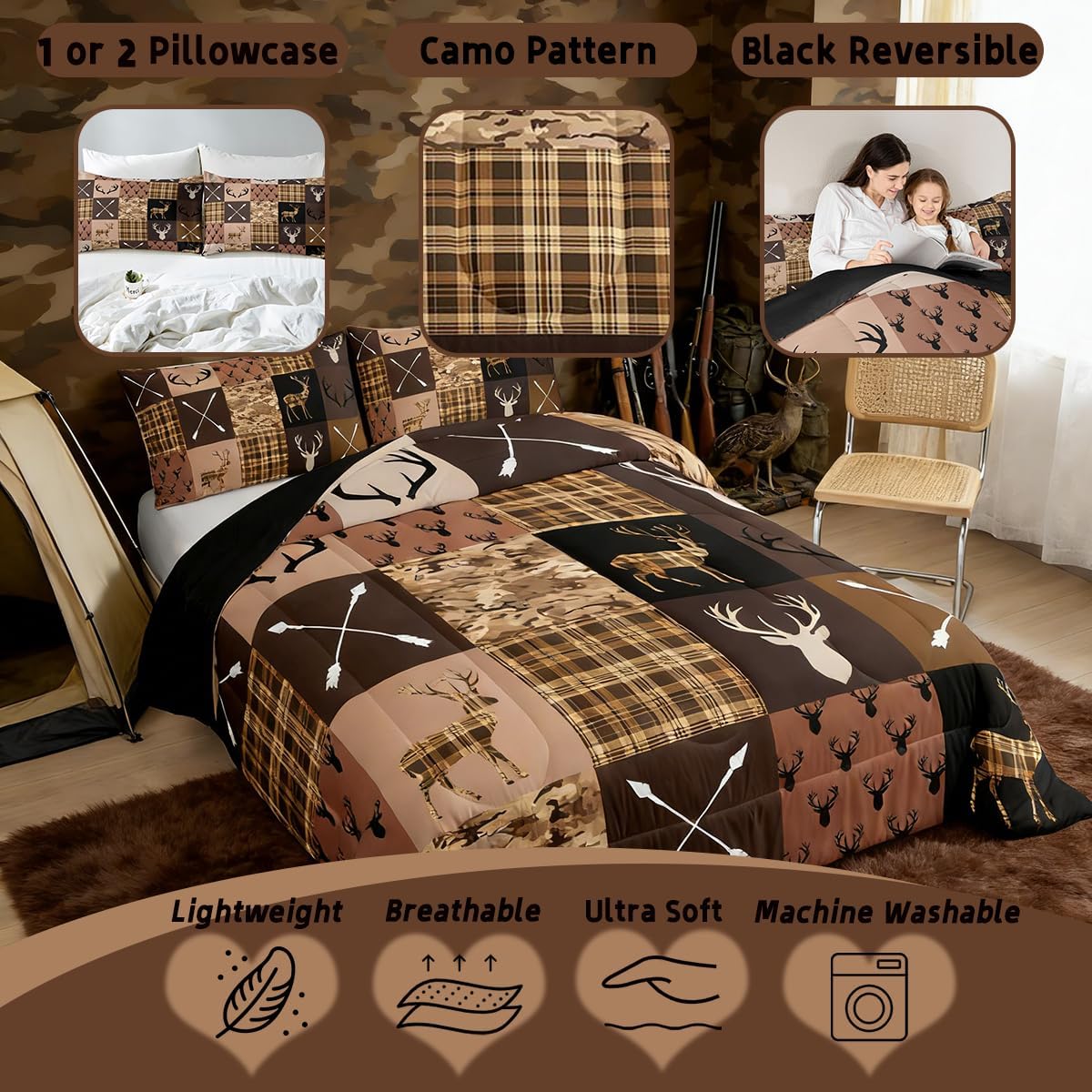 Feelyou Hunting Camo Deer Comforter Set Full Size Rustic Western Farmhouse Bedding Set for Kids Boys Girls Wildlife Animal Duvet Quilt Camouflage Hunter Bedroom Decor 3 Pcs with 2 Pillow Cases - Image 2