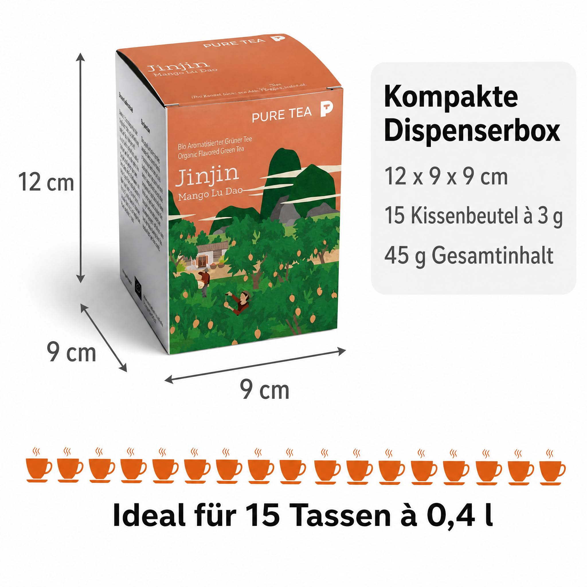 6 x PURE TEA Jinjin Grüner Tee Mango Lu Dao, aromatisierter Premium Grüntee in flachen Kissenbeuteln, je 15 x 3 g, einzeln verpackt, Dispenserbox 12 x 9 x 9 cm, glutenfrei