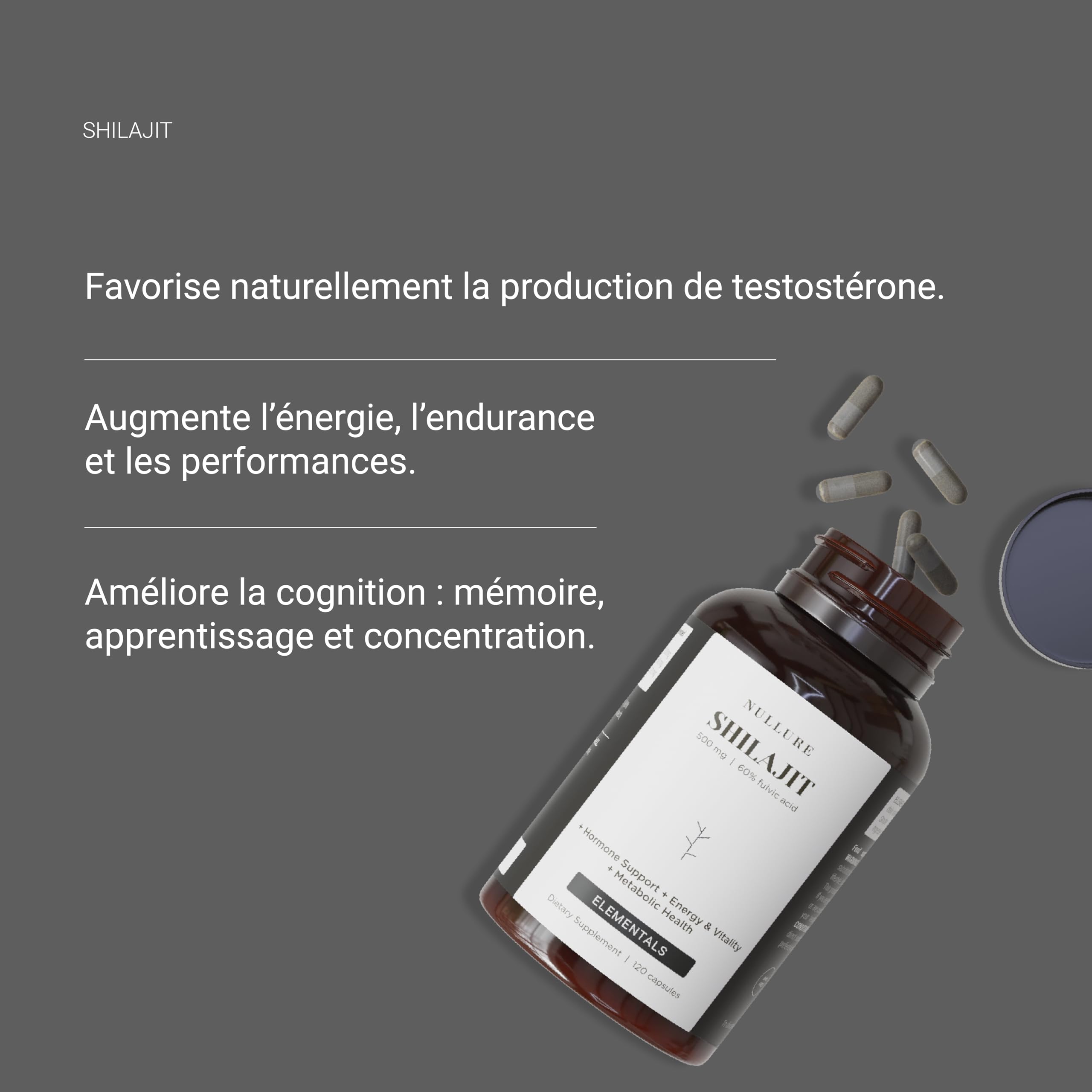 Nullure Shilajit Pure Himalaya 500mg | 60% Acide Fulvique + 12% Humique | Shilajit Gélule | Anti-inflammatoire · Énergie | Testé par tiers | Sans additifs & Vegan | 120 gélules | Fabriqué à Barcelone