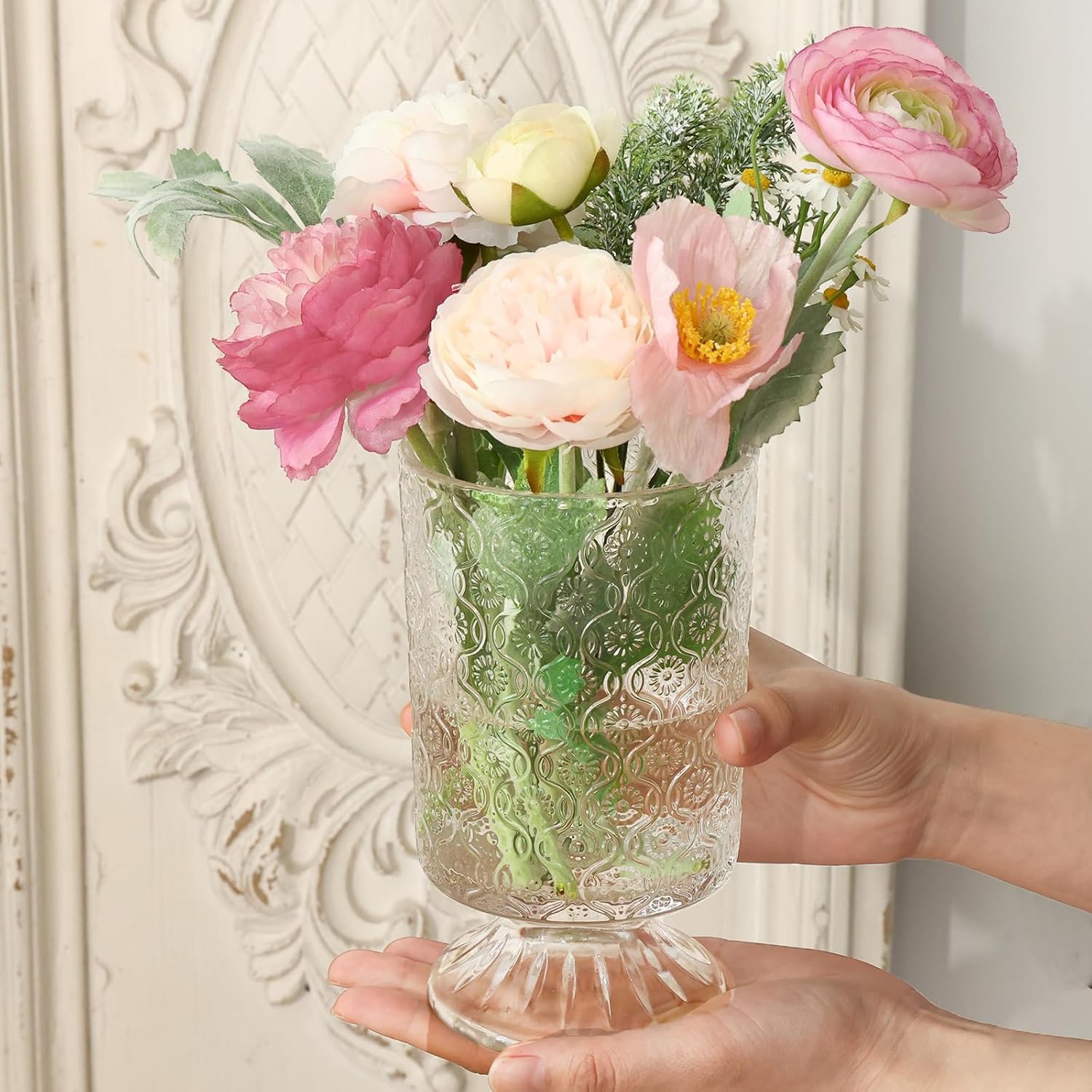 Set of 3 Clear Embossed Glass Vases for Wedding Centerpieces