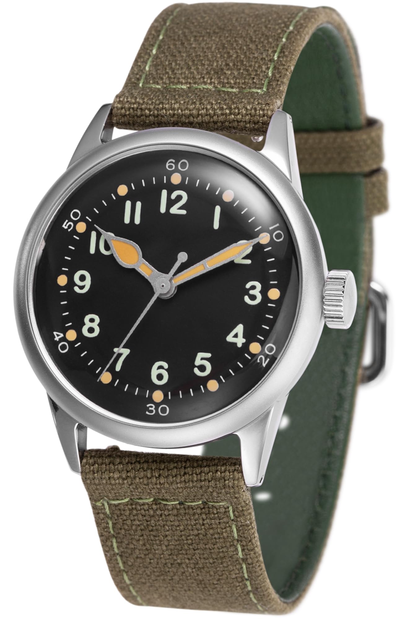 PRAESIDUS | Serwis Watch - automatyczny zegarek wojskowy, męski zegarek wojskowy - czarna tarcza ze stali nierdzewnej 38 mm, zielony pasek z płótna - męski automatyczny zegarek, wojskowy zegarek USA
