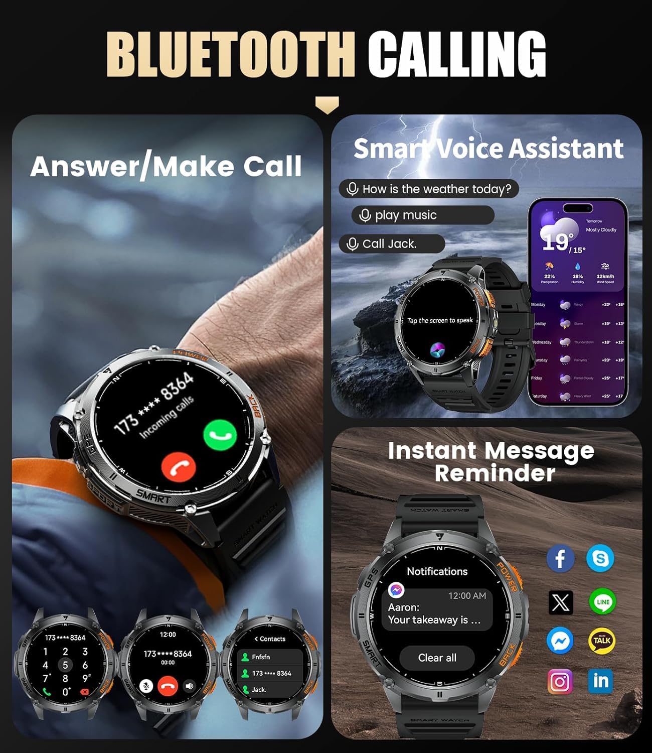 LIGE Smartwatch showing an incoming call and various app notification icons like Facebook, Instagram, and WhatsApp.