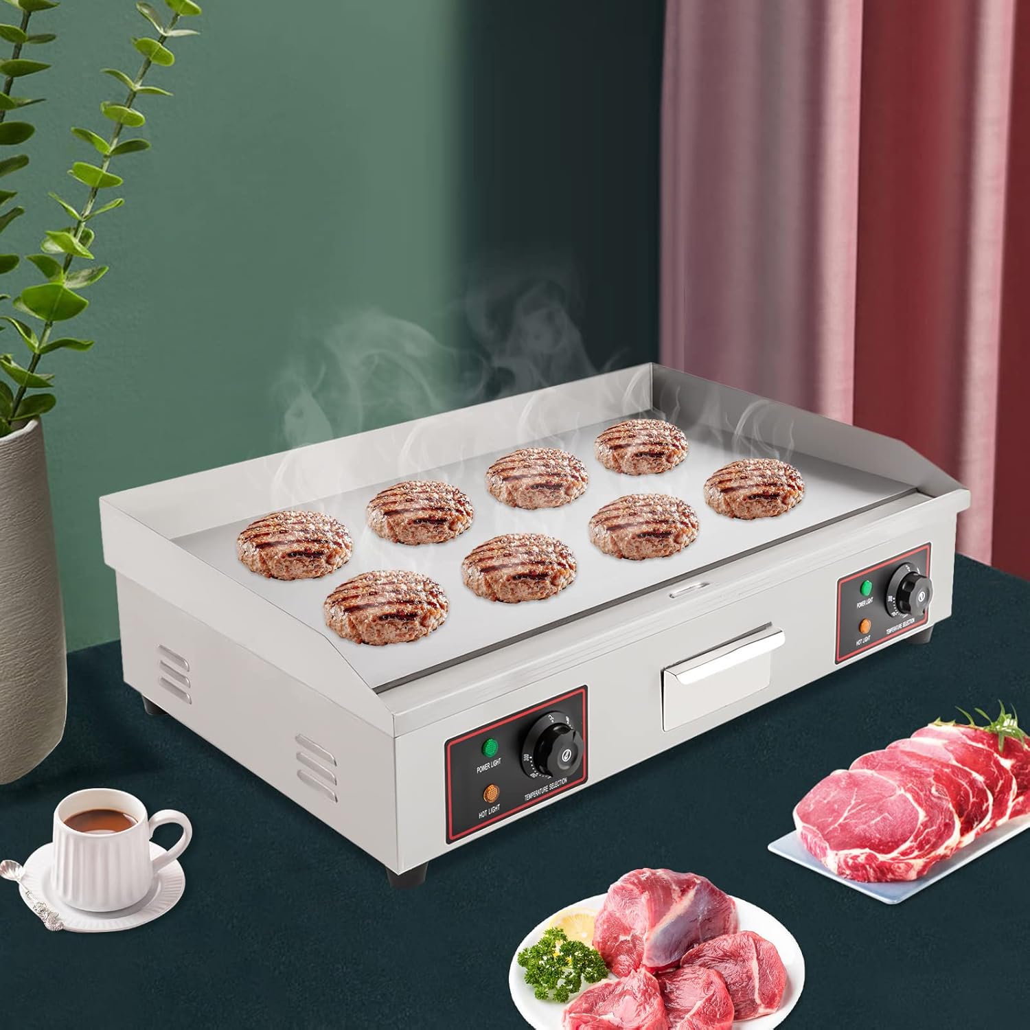 Bacocoo 3000W 30" Commercial Electric Griddle, Adjustable 122°F-572°F, Cast Iron Cooking Plate, Stainless Steel Body for Restaurant, Food Truck, Heavy-Duty Countertop Grill.