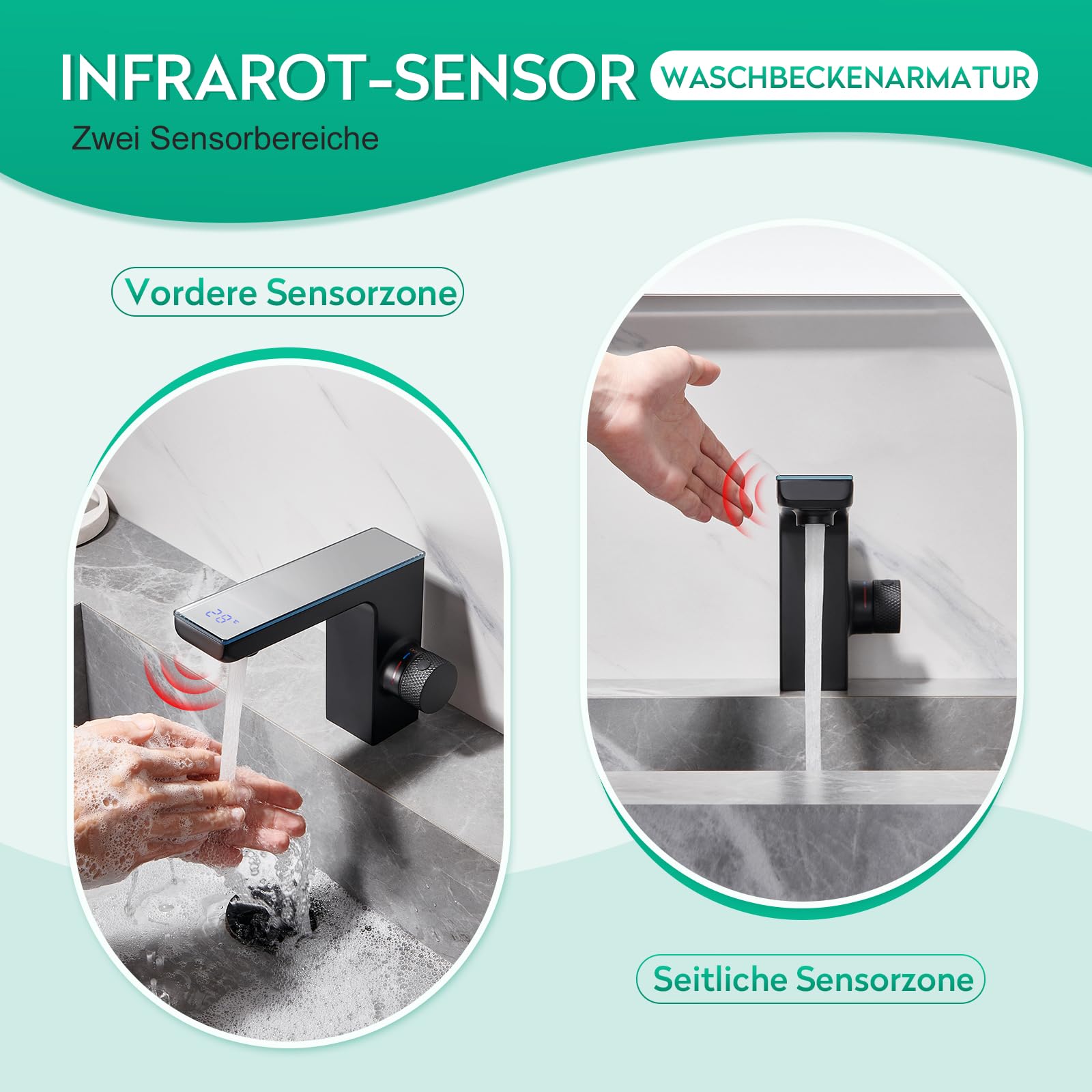 CREA Infrarot Sensor Wasserhahn Bad, mit Temperaturanzeige, Schwarz | Digitalanzeige Bildschirm Warmes Kaltwasser Mischbatterie, Automatisch Sensor Armatur für Waschbecken,304 Edelstahl