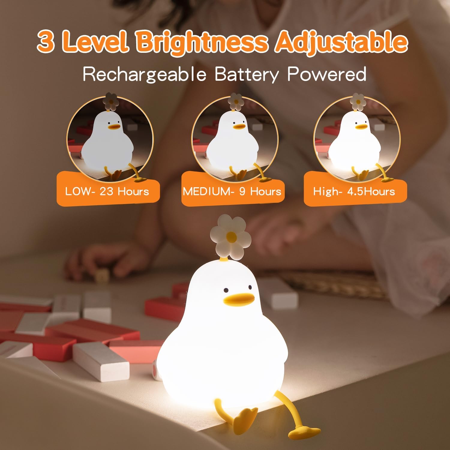 Cute Duck Night Light for Baby, Kids, Toddler, Ambient Nursery Nightlight, Soothing Lamp 3 Level Dimmable, Sleeping Accompanion for Bedroom Bedside, Rechargeable Battery, 30 Min Timer Off - Image 5