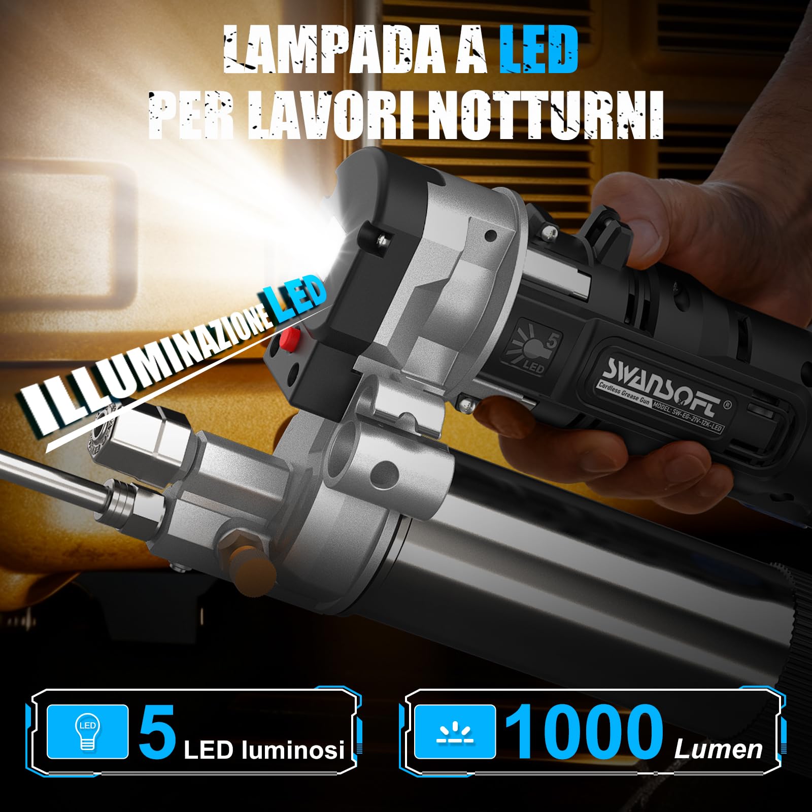 SWANSOFT Ingrassatore elettrico aggiornamento 700 g/min 21V 4Ahx2 batteria ingrassatore | 12.000 PSI Pistola per grasso senza fili 2 in 1 per la costruzione di camion e fattoria con 4 accoppiatori