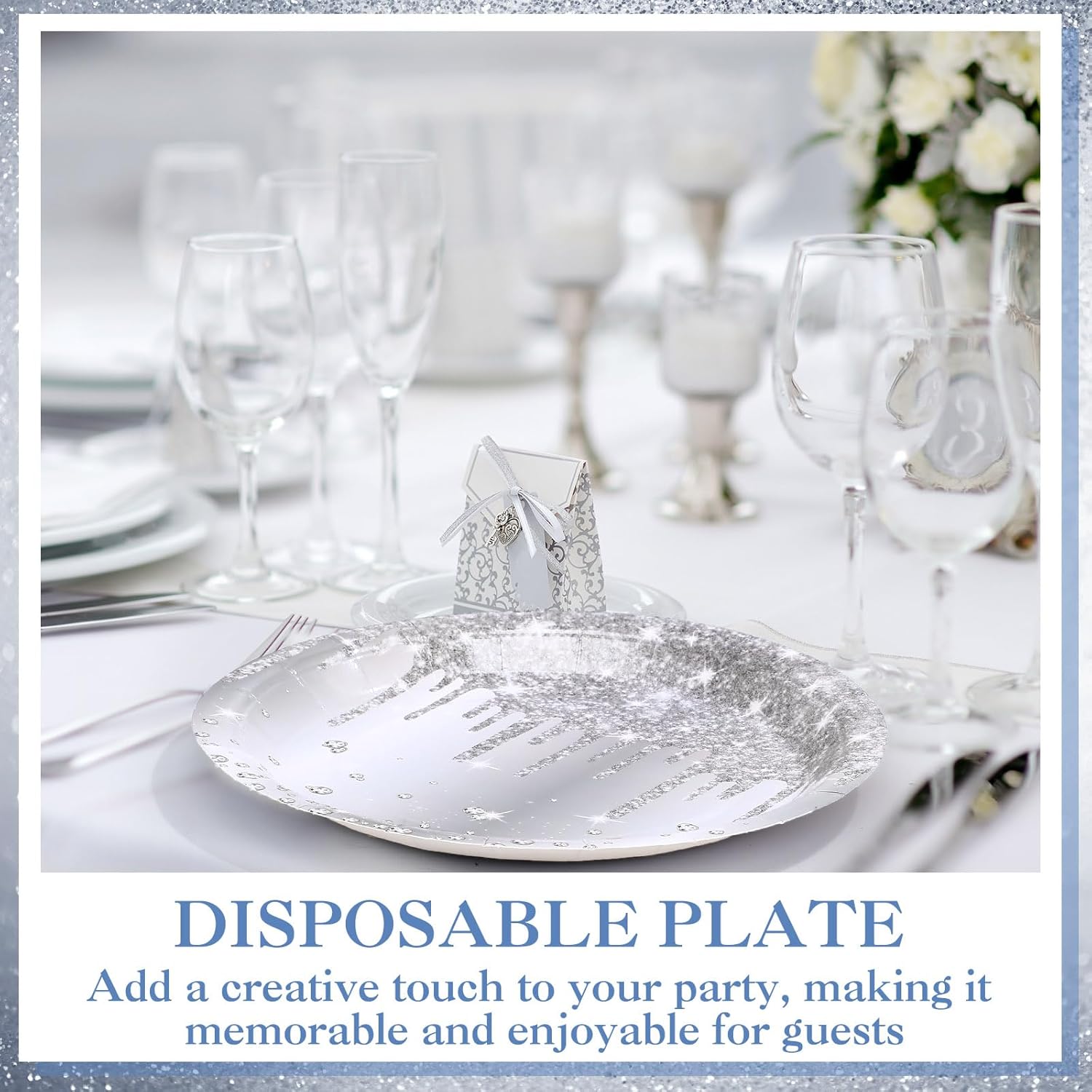 100 Pcs Silver Glitter Paper Party Plates 7 Inch Disposable Birthday Dessert Cake Plate Diamond Birthday Party Dish Decorations for Weeding Baby Shower Supplies - Image 4