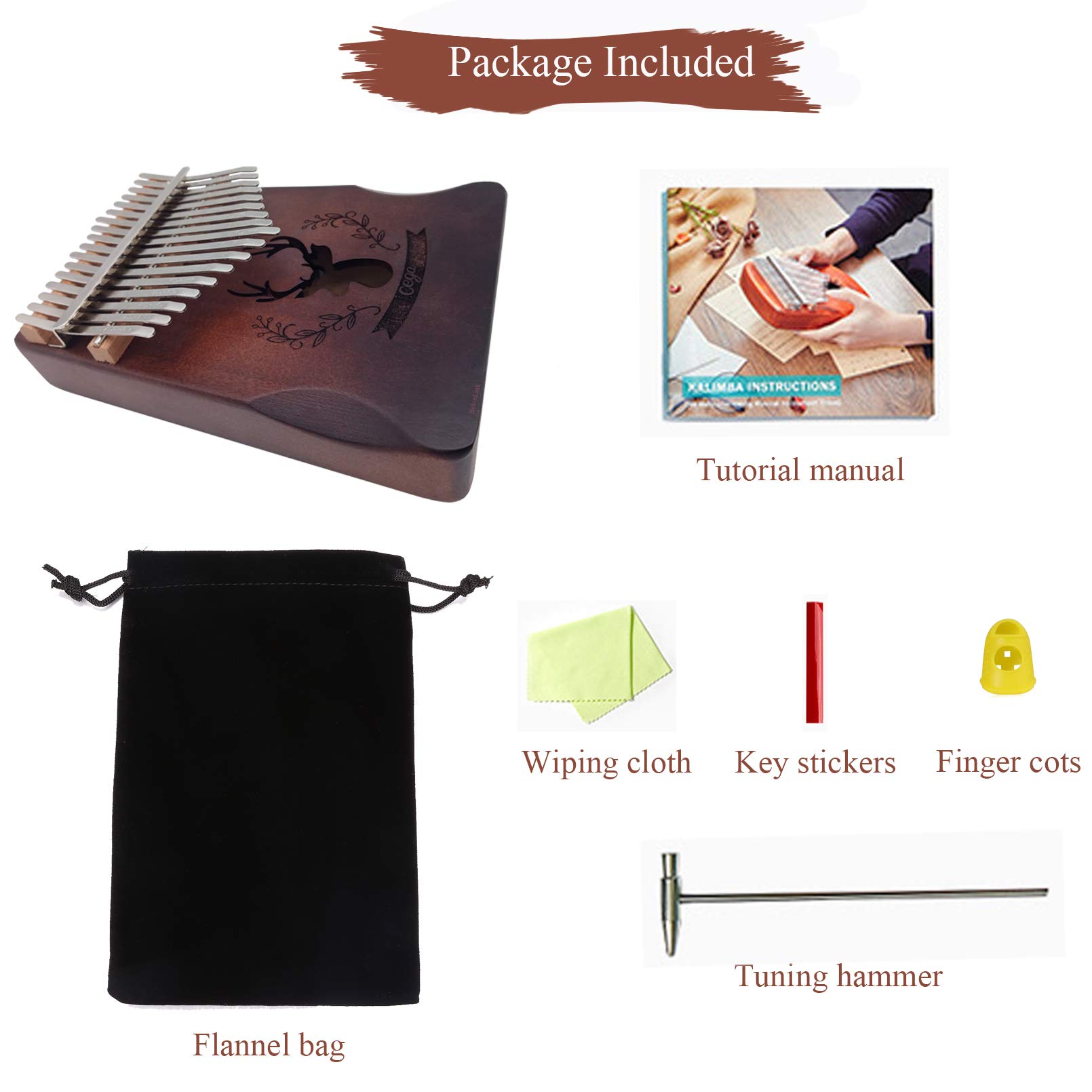 Kalimba 17 Clés Pouce Piano, avec instructions d'étude, Tuning Hammer, Portable sac, bois Acajou, Haute Qualité pour Les enfants adultes débutants, Cadeau Musical (Marron)