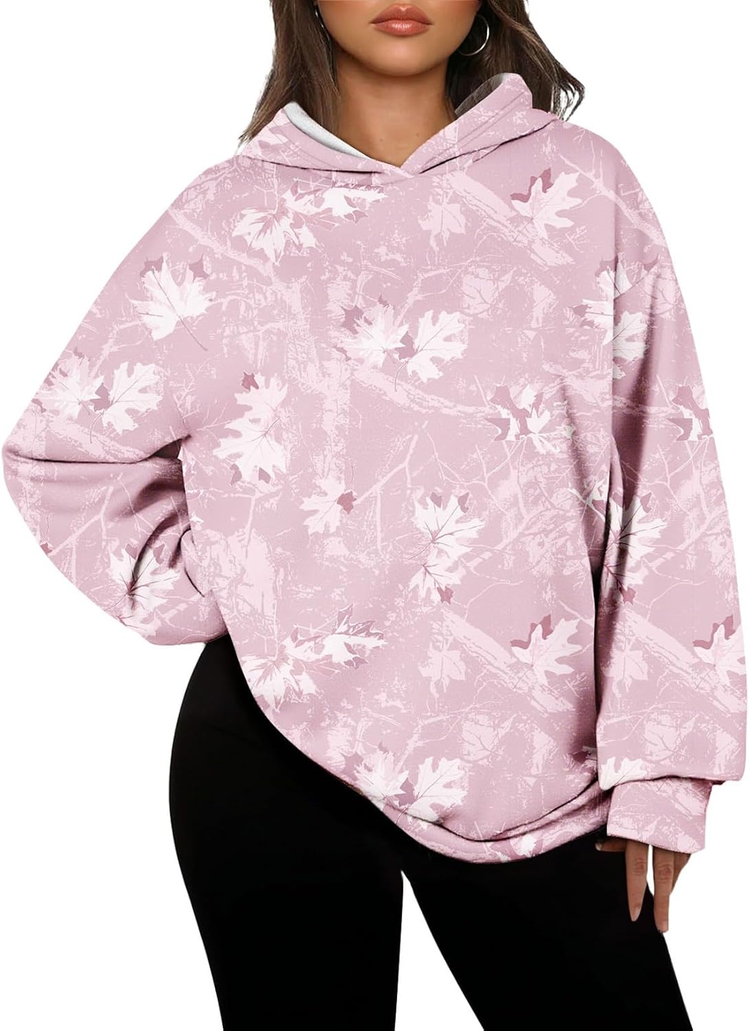 AlvaQ Women Plus Size Camo Sweatshirt Hoodie Fall Maple Leaf Print Oversized Sweatshirts Pullover Hooded Tops Outfits L-4X