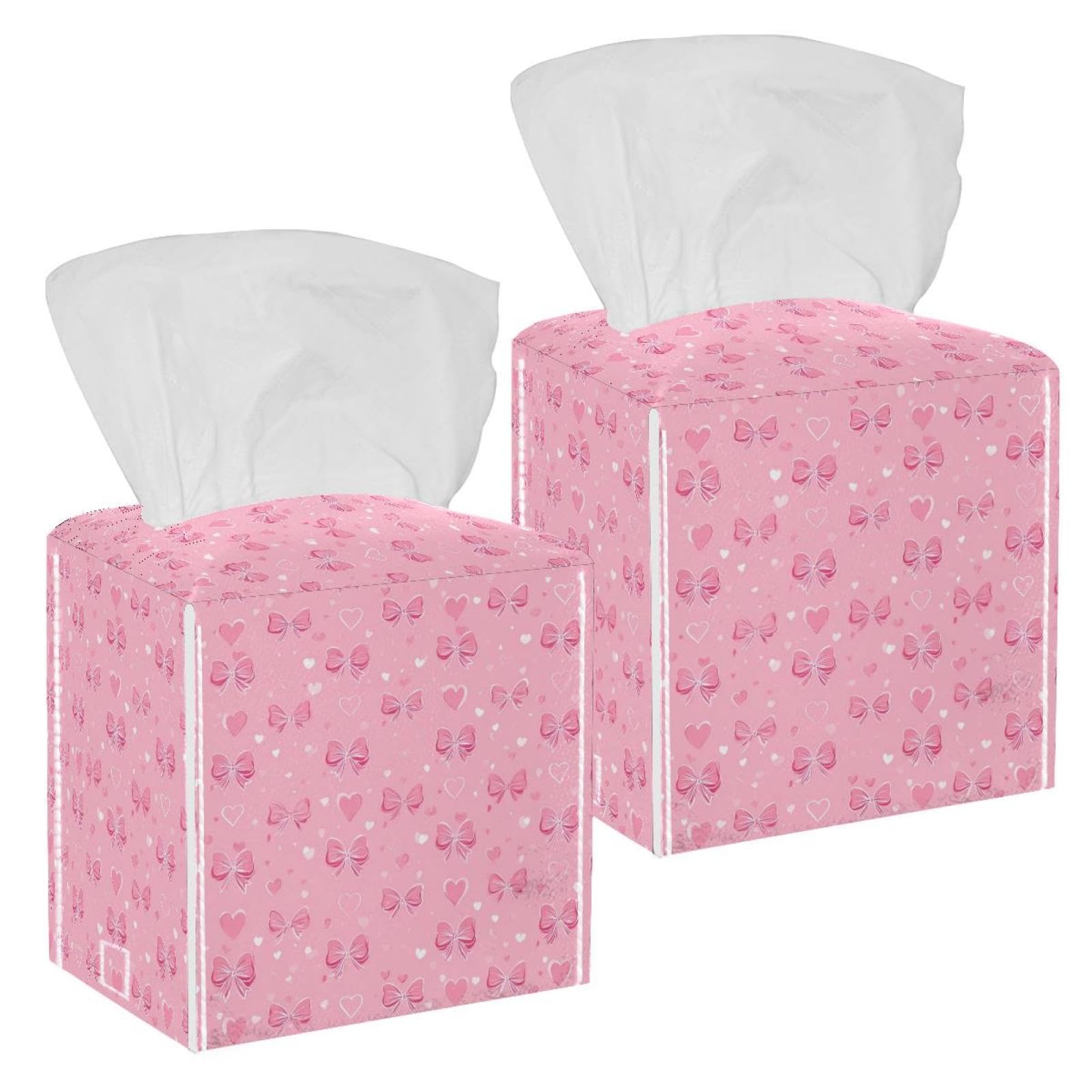 Hearts and Bows Tissue Box Cover, 2 Pack PU Leather Square Facial Tissue Dispenser Box holder for Home Office Car