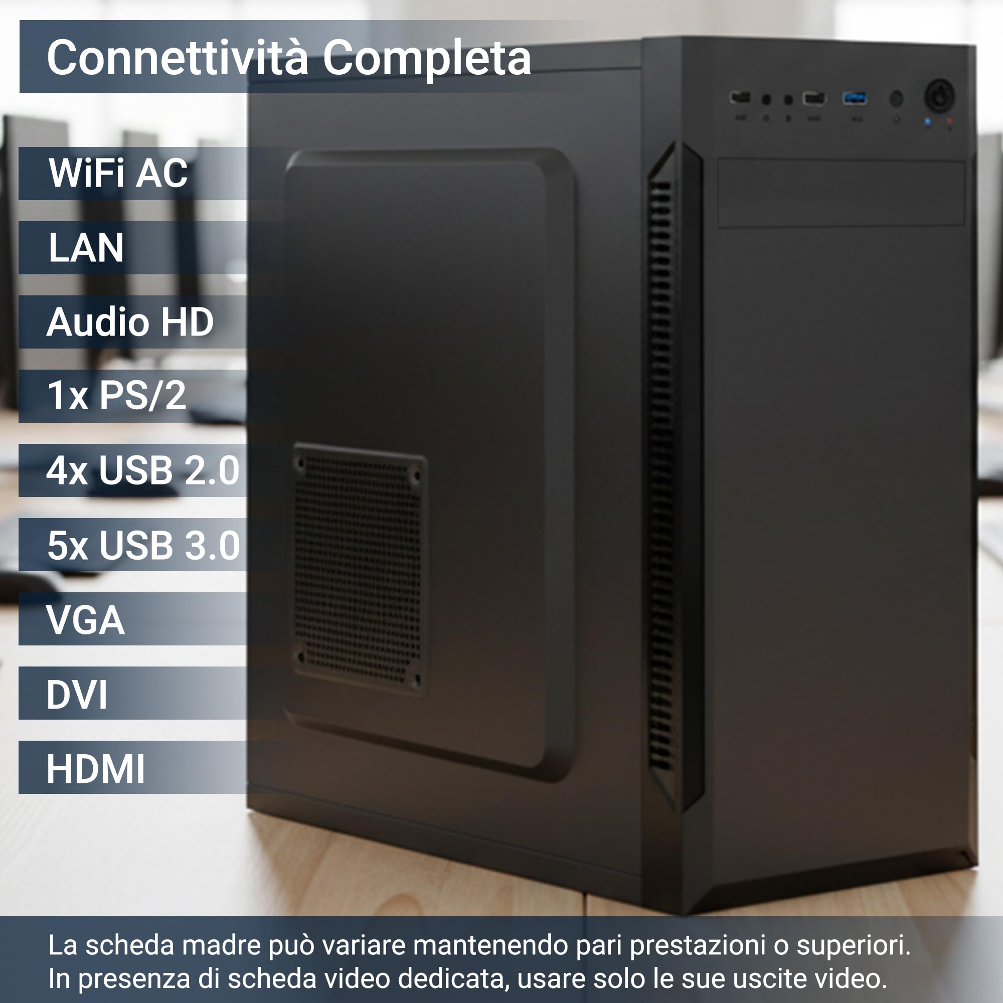 PC Fisso Completo - Computer Desktop AMD Ryzen 5 3400G • RAM 16GB DDR4 • SSD 500GB M.2 • Grafica Radeon Vega 11 • Wi-Fi AC e Bluetooth • Masterizzatore DVD • HDMI • USB 3.0 • Windows 11 Pro