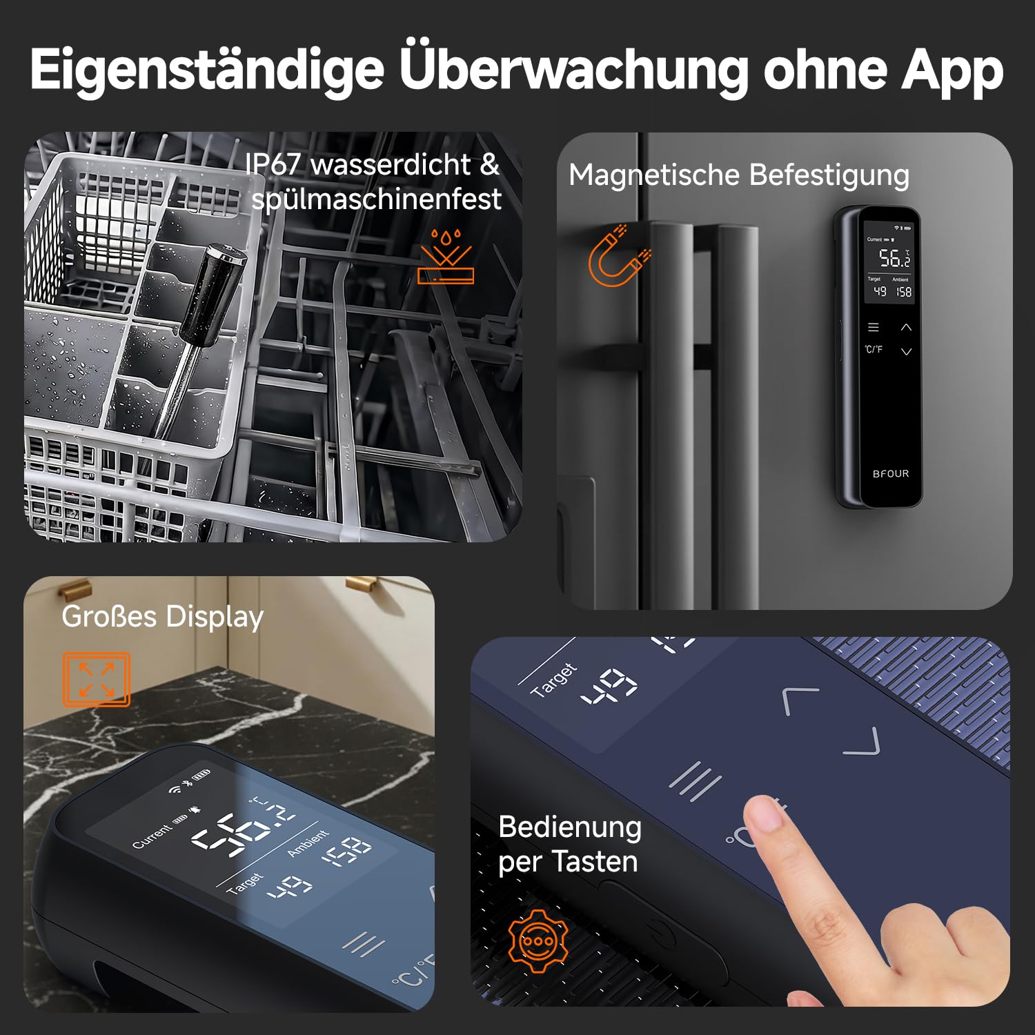 BFOUR Fleischthermometer Kabelloses,intelligente eigenständige Basisstation mit großem LCD-Display, unbegrenzter WiFi Reichweite, App Steuerung,Grillthermometer für Küche, BBQ, Grill, Backofen,Smoker