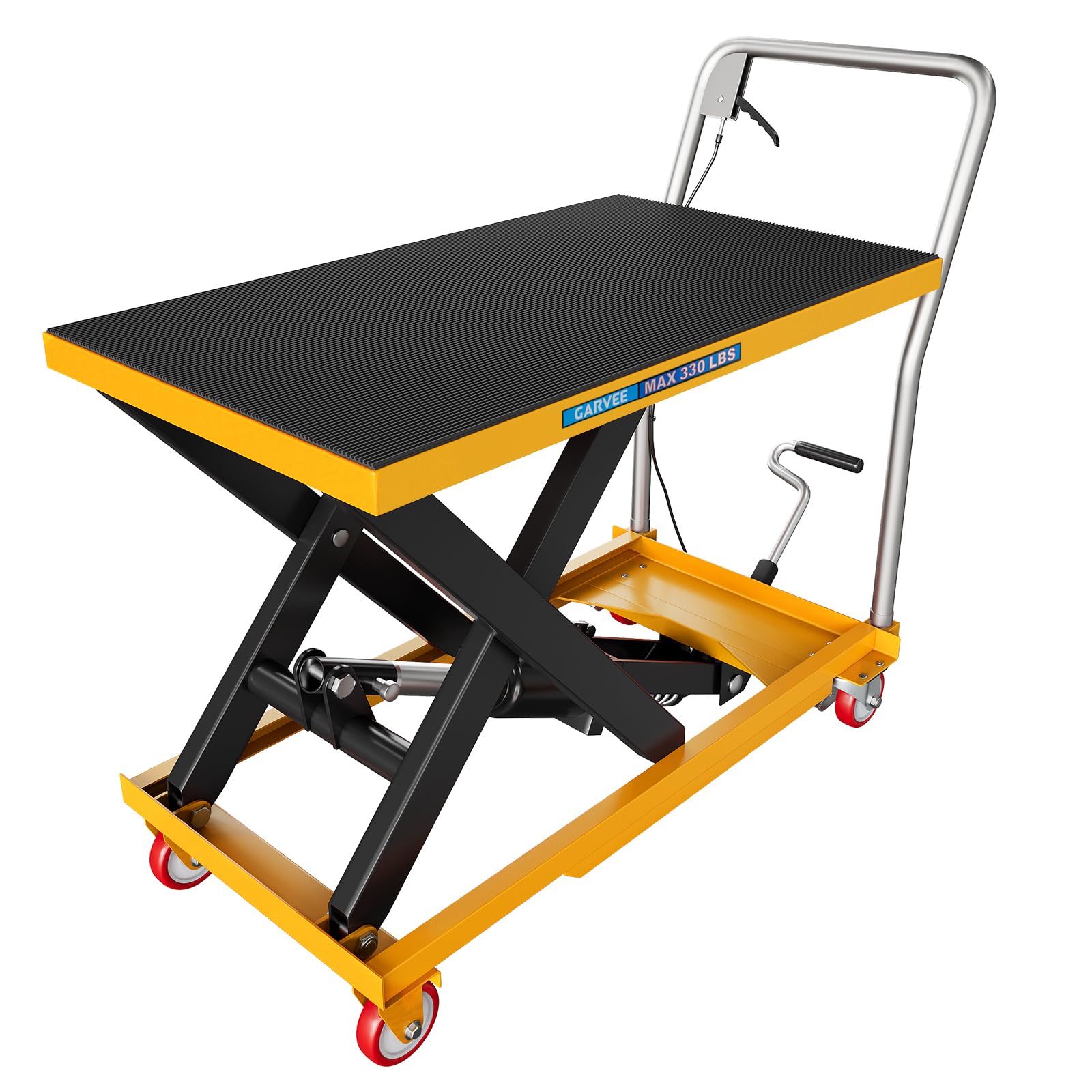 Photo 1 of *Used/Scratches* Garvee Hydraulic Lift Table Cart, 1100lbs Capacity 35.4" Lifting Height, Manual Single Scissor Lift Table with 4 Wheels and Non-Slip Pad, Hydraulic Scissor Cart for Material Handling, Orange