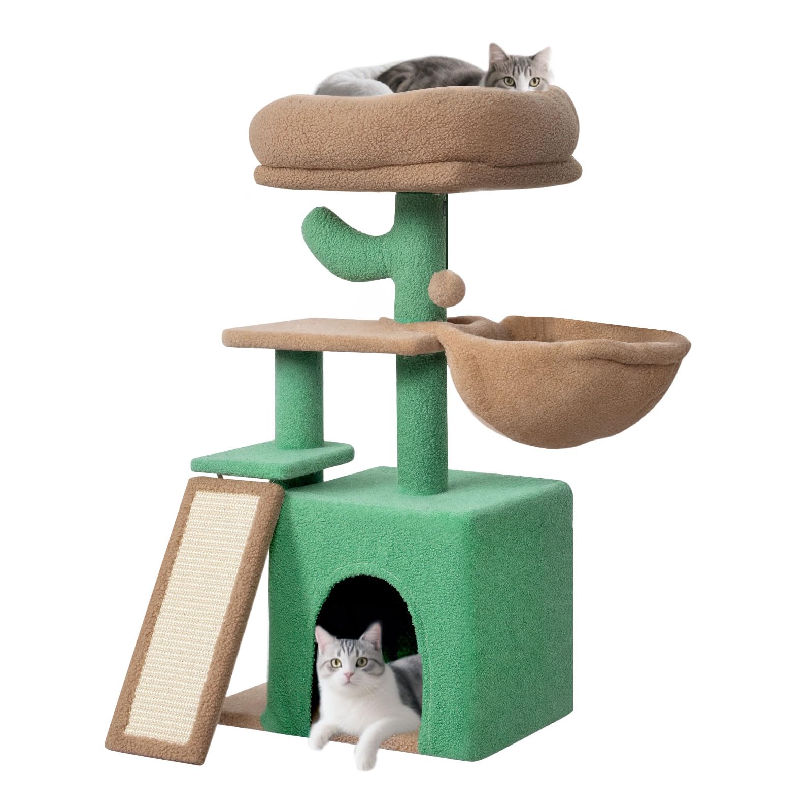 Skylos Cat Tree Tower, 80cm Indoor Cat Tower for Kittens, Multi-Level Cat Tree with Condo, 3 Platforms, Hammock, Small Cat Scratching Board & Interactive Toy Ball, Removable Pads, Green