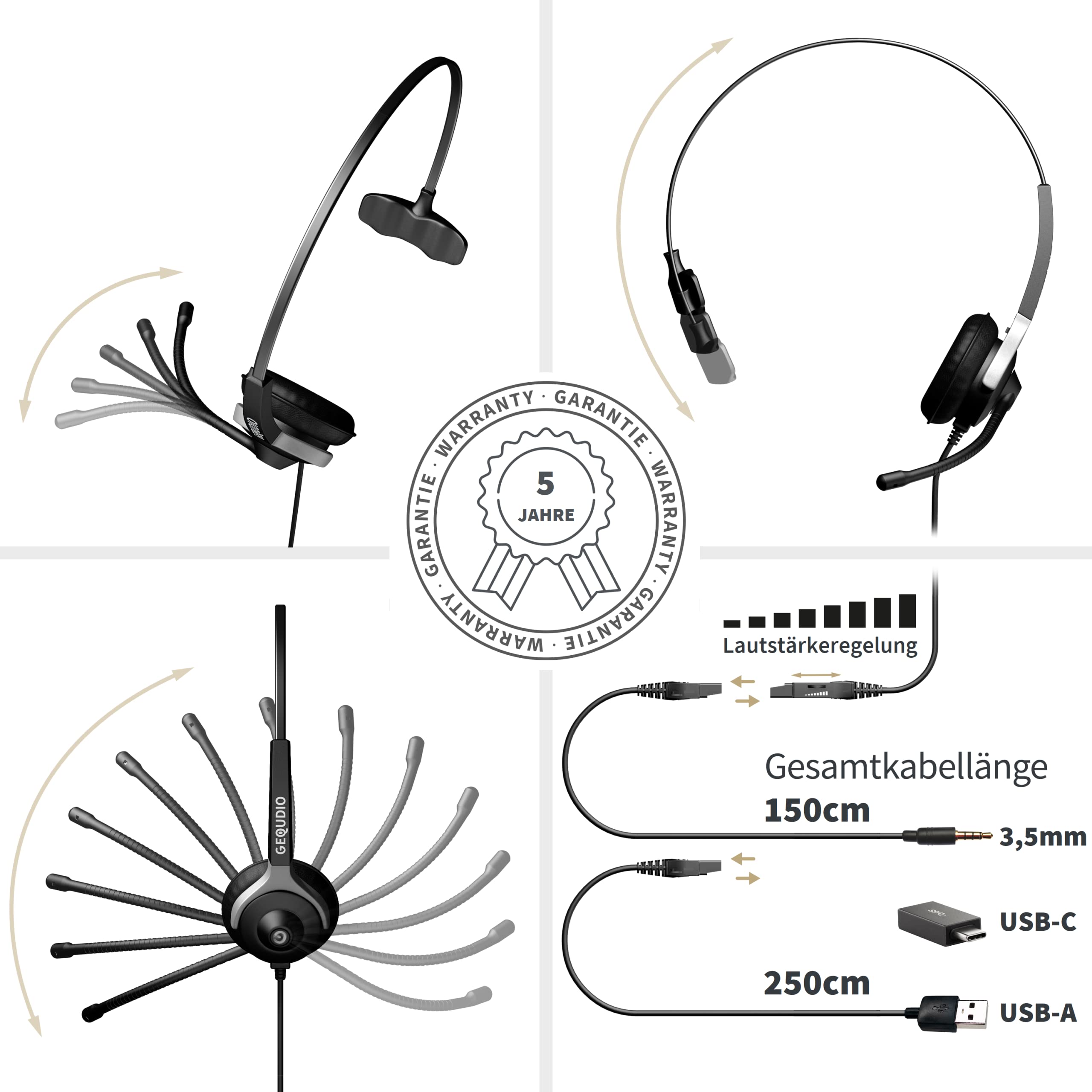 GEQUDIO 3-in-1 Business Headset mit USB-A, USB-C und 3,5mm Klinke kompatibel mit PC, Mac und Smartphone - Kopfhörer & Mikrofon Ersatz Polster - besonders leicht 60g (1-Ohr)