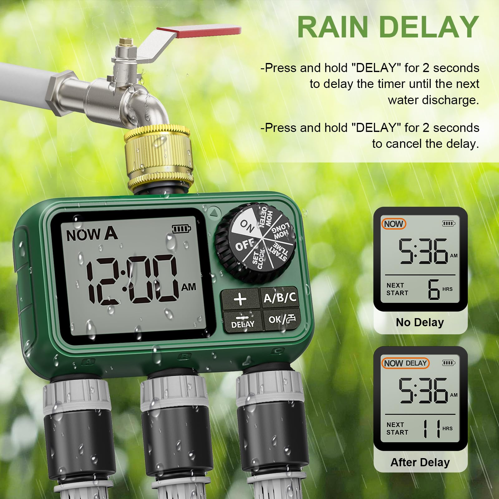 XinFuture Timer Sprinkler con 3 uscite in ottone, timer programmabile per tubo da giardino con ritardo di pioggia, sistema di irrigazione manuale e automatico, per 3 zone di irrigazione separate