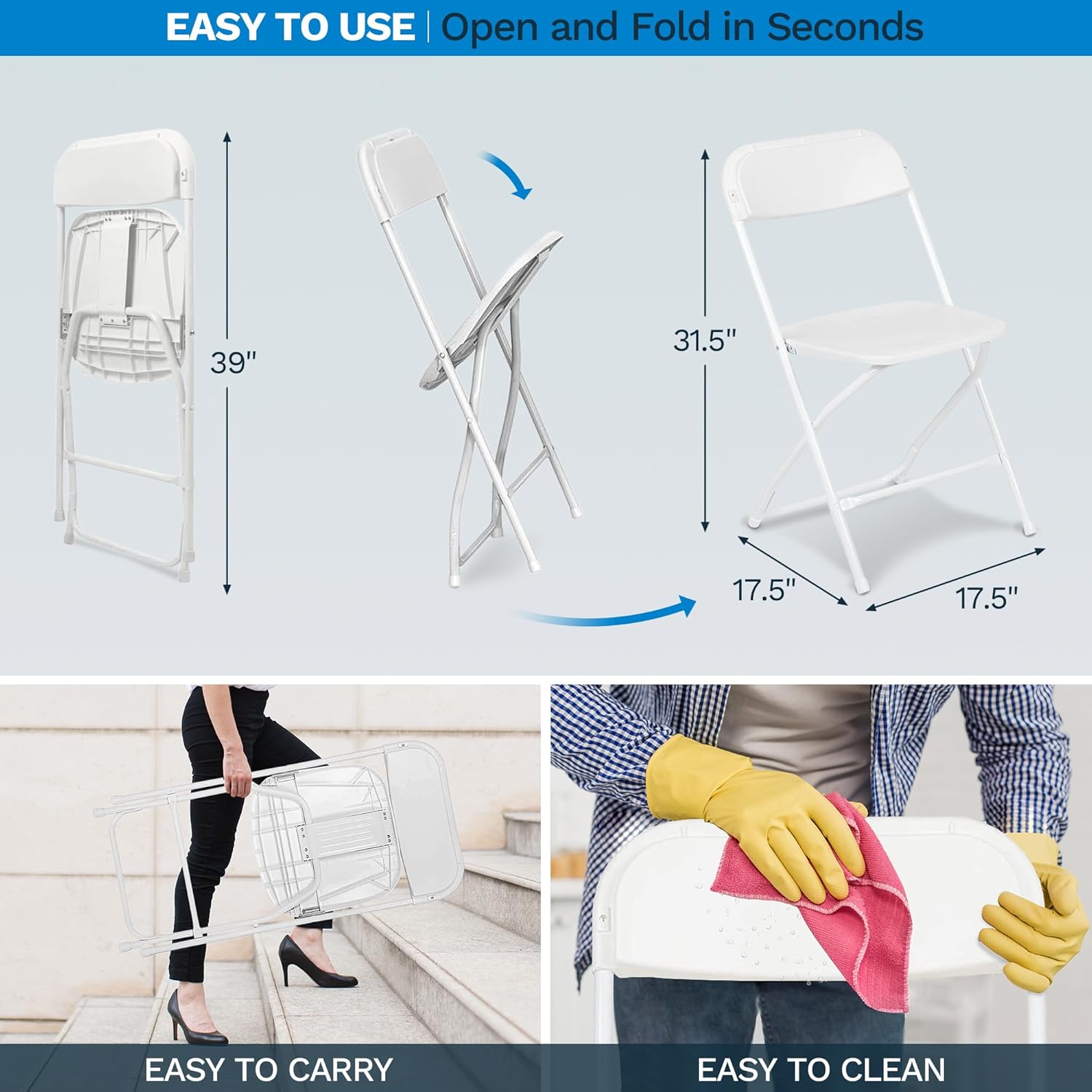 Folding Chairs 6 Pack,Durable Black Folding Chairs, Heavy-Duty Plastic Folding Chairs for Indoor/Outdoor Use - Ideal for Events Parties Extra Seating Solutions 350lbs Capacity (White, 6 Pack)