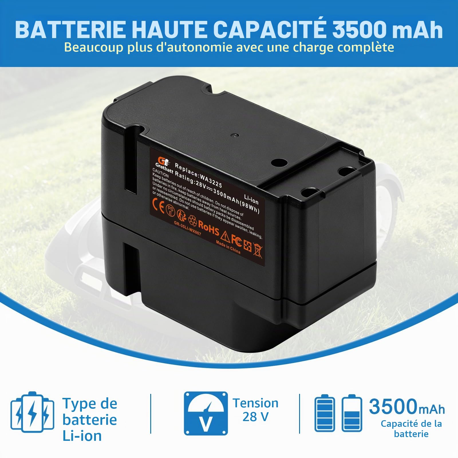 Batterie Li-ION 28V 3.5Ah Remplace Worx WA3225 WA3565 Compatible avec L1500i WG798E M500B WG755E M800 WG790E WG794E WG794EDC Landroid M1000 WG791E. 1 M1000i WG796E.1 M500 WG754E M800 WG790E.1