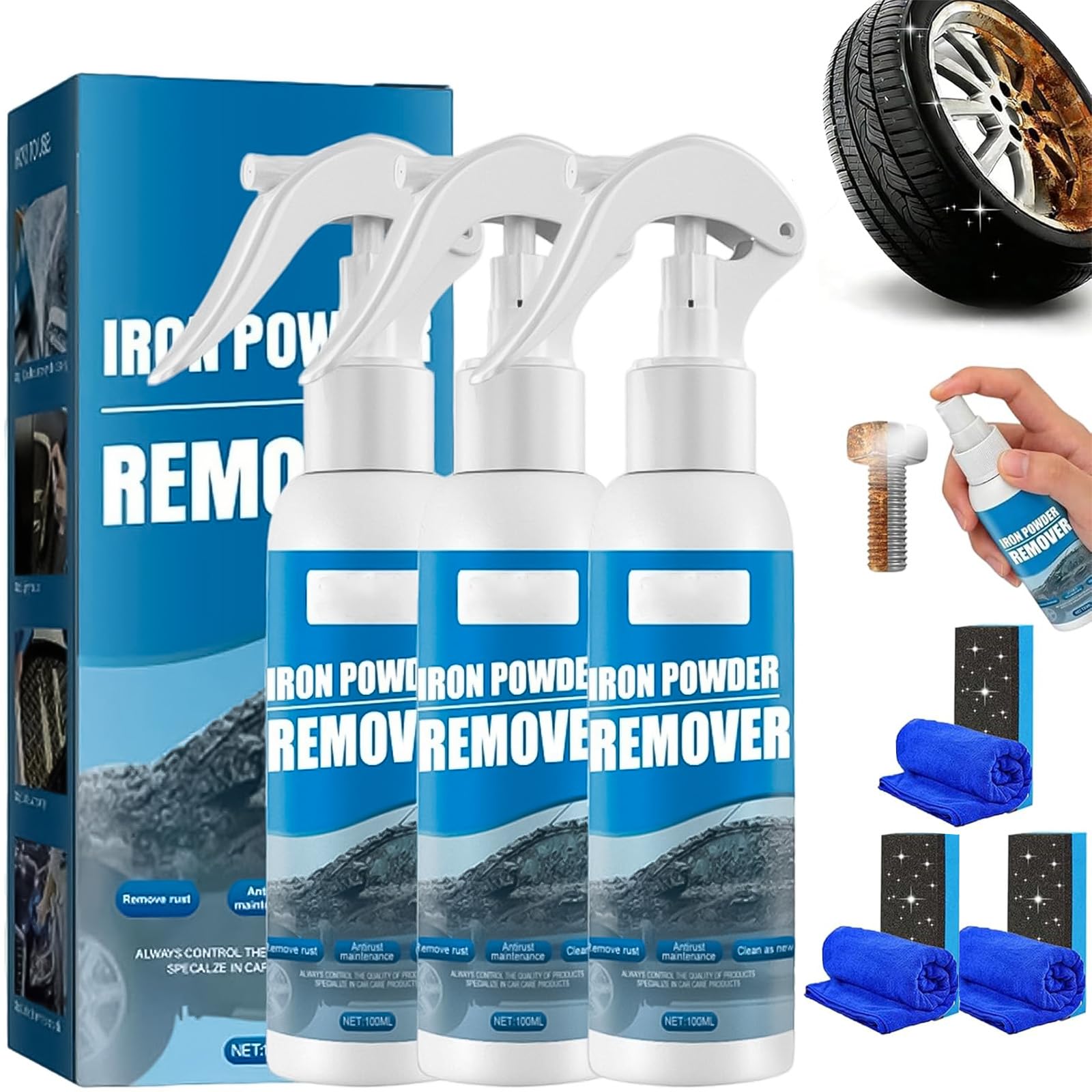 Multi-Functional Quick-Acting Rust Removal Spray, Portable Rust Remover Spray for Metal, Iron Powder Remover Sprays, Fast-Acting Formula & Easy Application, for Cars Metal Surfaces (100ml*3pcs)