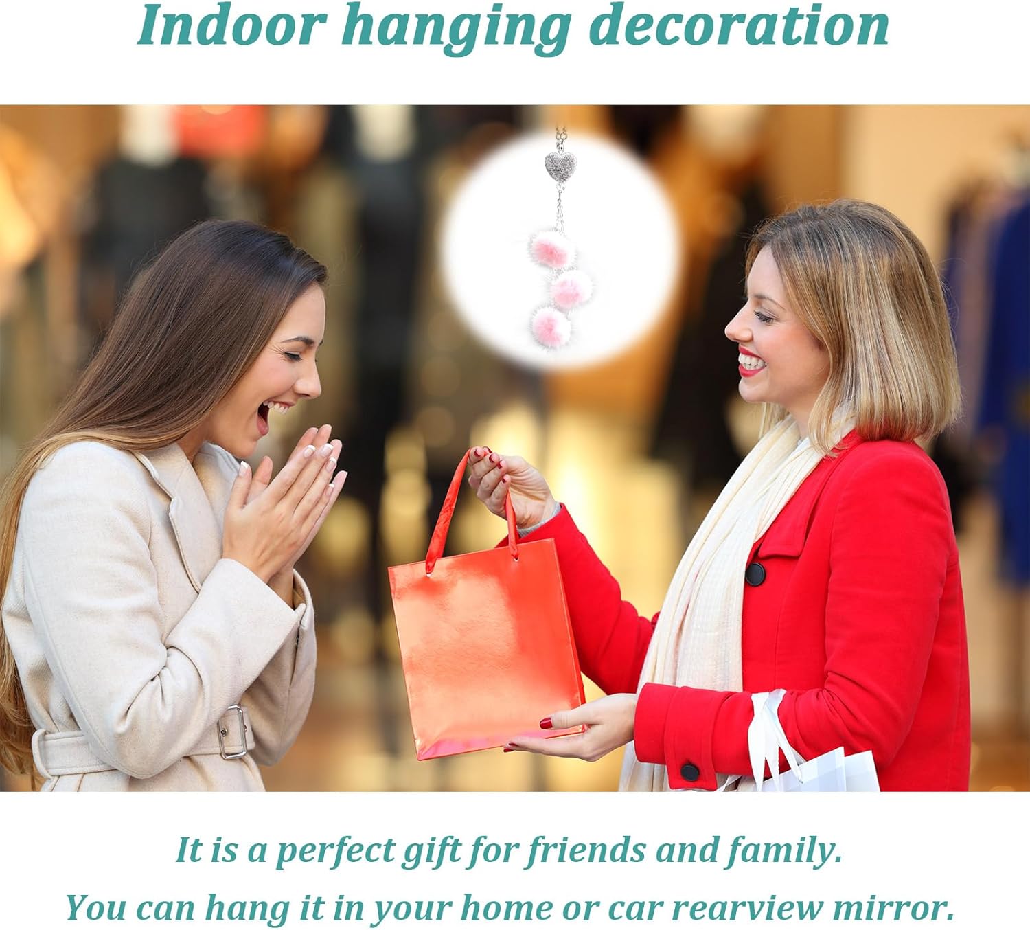 Ziciner Bling Diamond Heart Car Interior Accessories, Heart & Pink Plush Ball Decor Ornament Pendant, Hanging Decoration Charm (Pink) image 5 of 5 B0CD6W64HB