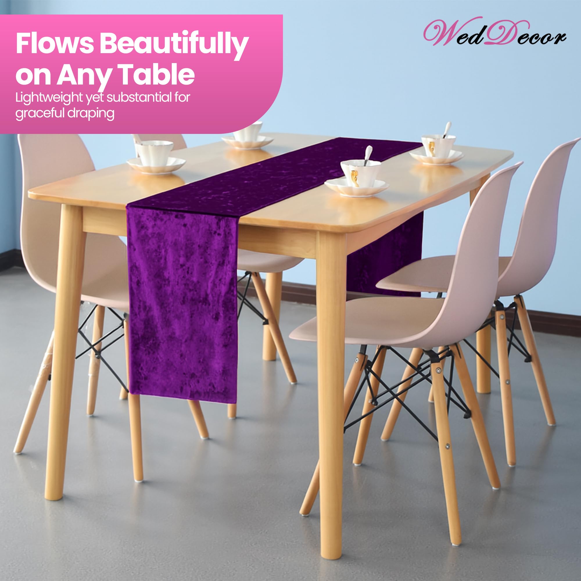 WedDecor Chemin de table en velours écrasé doux lavable pour mariage, cuisine, anniversaire, banquet, Noël et événements spéciaux, dîner, fête - 33 x 274 cm - Violet