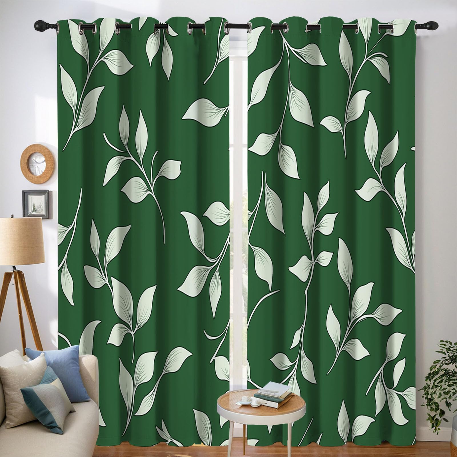 Cortinas Opacas con Estampado Plantas De Línea Dormitorio, 140×160 CM, con Estampado de Hojas Simples CaíDas con Ojales, Aislamiento TéRmico Verde, ReduccióN De Ruido, Juego De 2