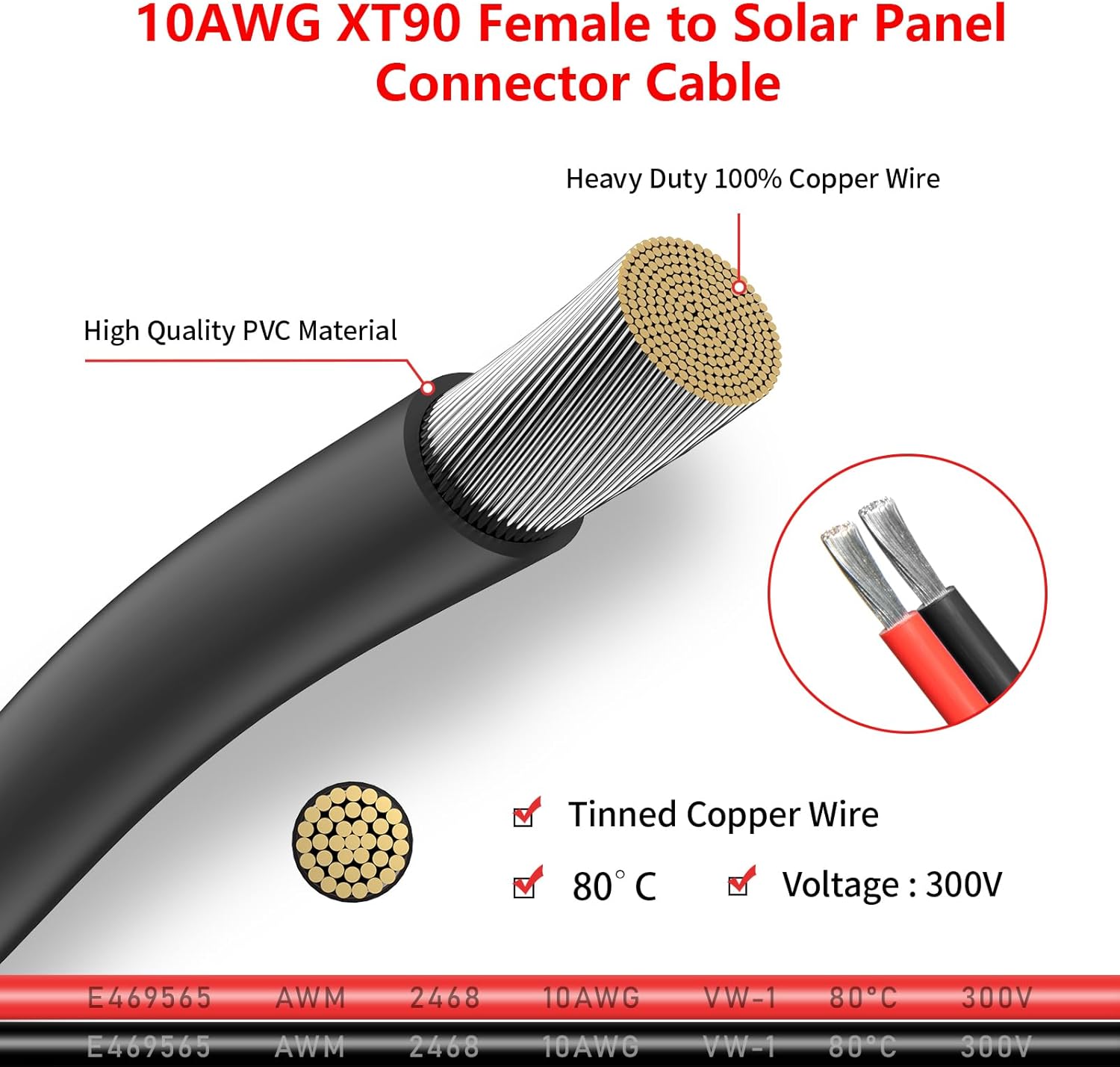 ELFCULB XT90 Solar Cable, 10AWG 10FT XT90 Female to Solar Panel Connector Cable for Solar Panel Portable Power Station
