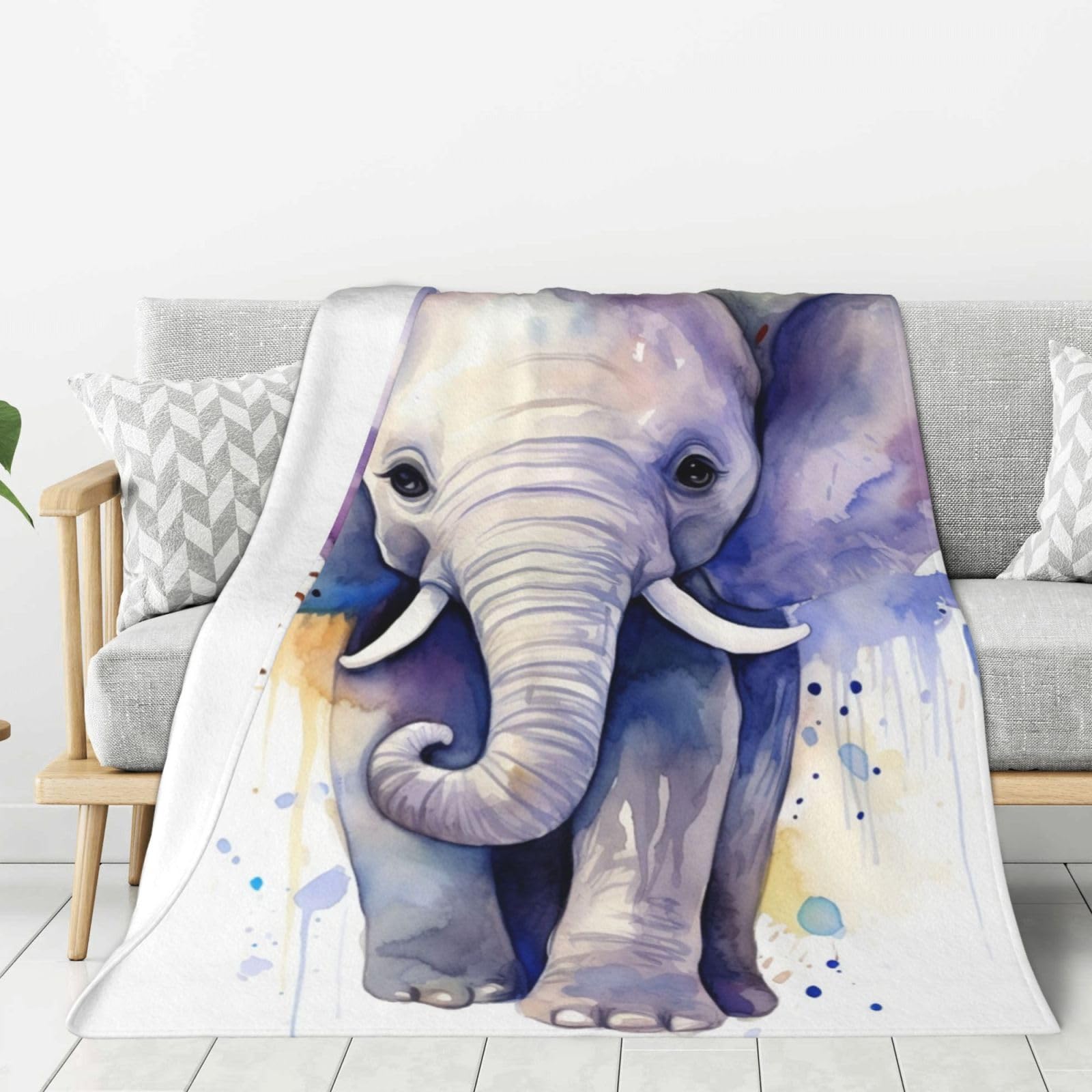 Cute Elephant Watercolor Throw Blanket Plush Flannel Fleece Blanket, Soft Lightweight Cozy Blankets 60"X50" for Bed Couch Sofa Travel