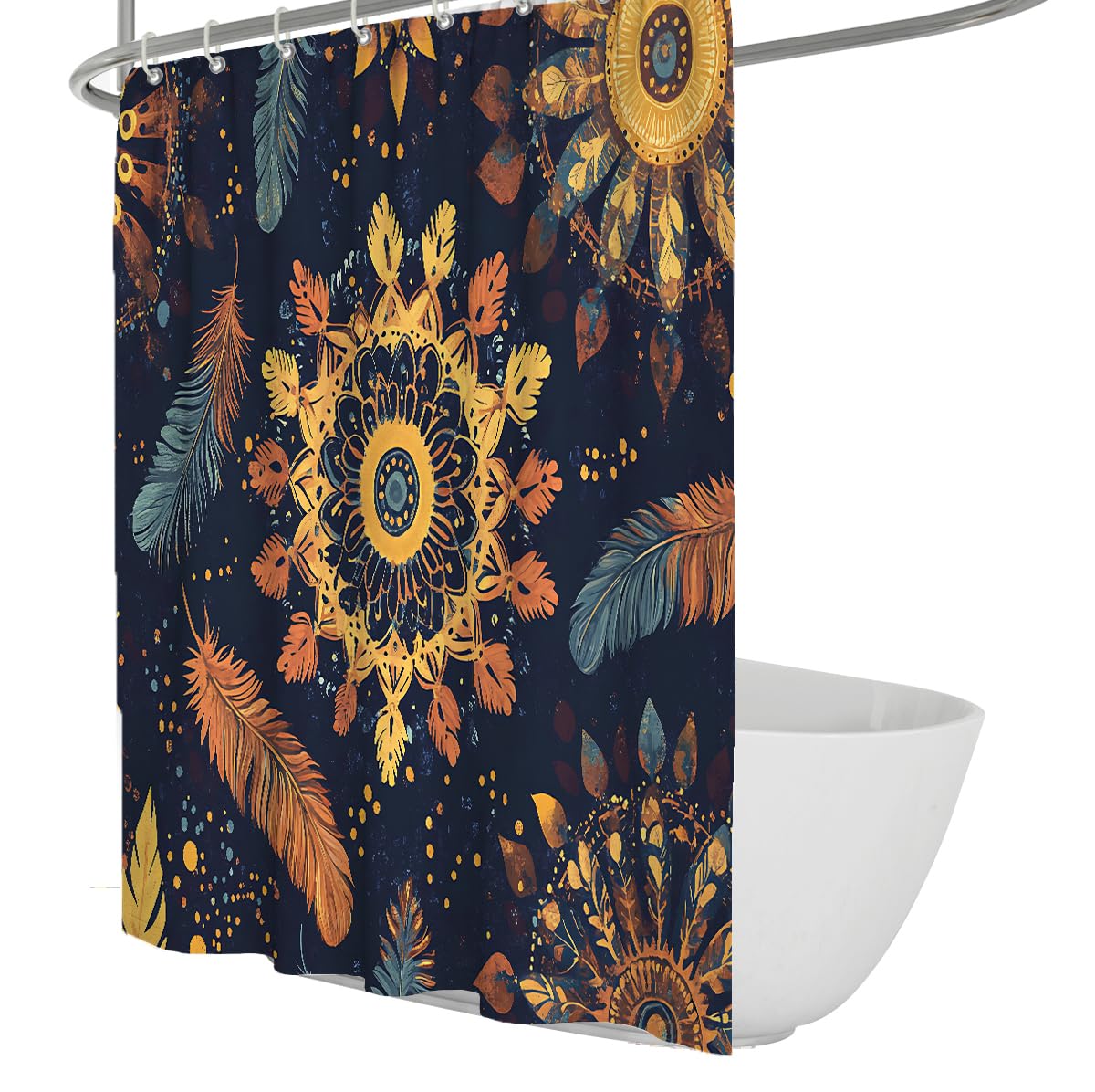 UERWOWELL Mystical Kaleidoscope Shower Curtain Symmetrical Astrolabe Wheel Teal Orange Feathers Waterproof Fabric Bath Curtains for Bathroom Decor W90xL180 cm