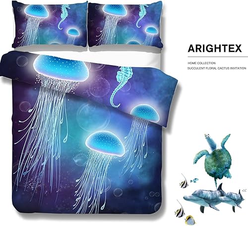Miniatura 2 de 3D Ocean Bedding - Funda de edredón de medusa azul, colcha subacuática, ropa de cama de mar profundo para adultos y niños (individual)