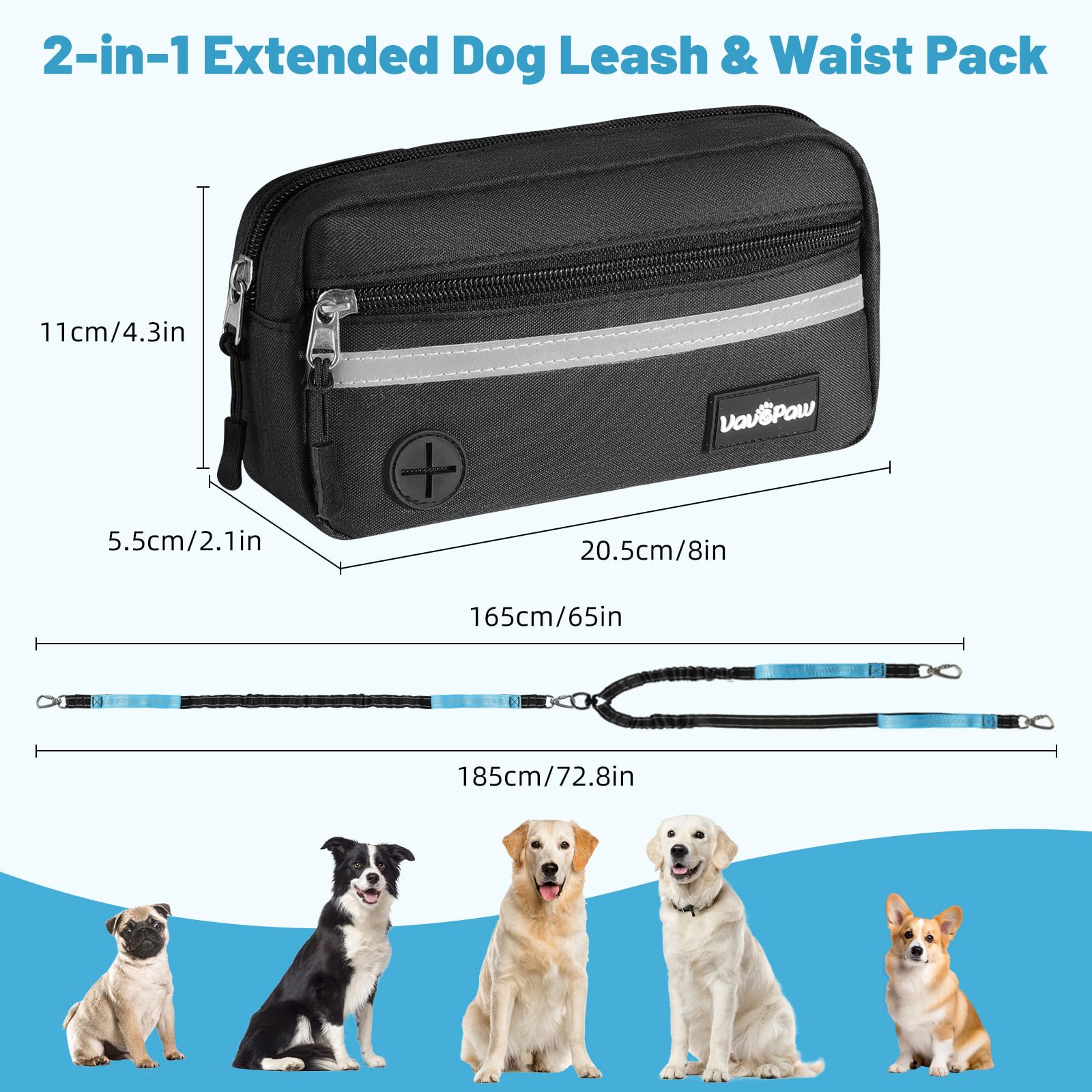VavoPaw Hands Free Dog Lead for 2 Dogs with Pouch, Dog Running Lead, Reflective Adjustable Waist Walking Belt - Image 2