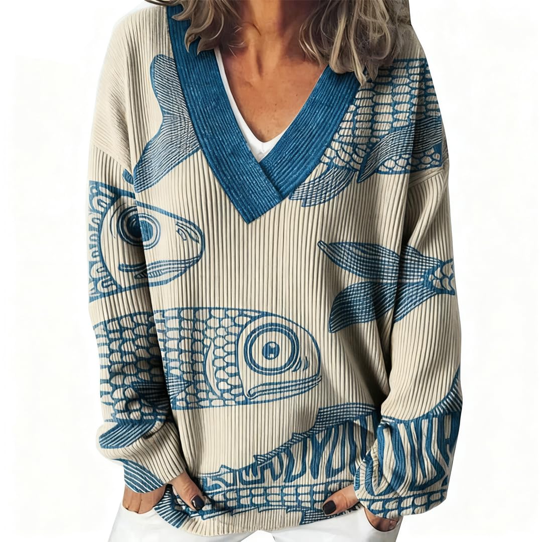 Floral Sweaters for Women Cute Lobster Fish Print Graphic V Neck Long Sleeve Pullover Oversized Sweater Tops