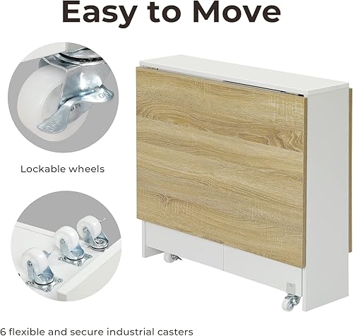 Miniatura 5 de Mesa de comedor plegable Tiptiper con 6 ruedas, mesa de comedor de hojas abatibles con estantes de almacenamiento, mesa de cocina plegable para