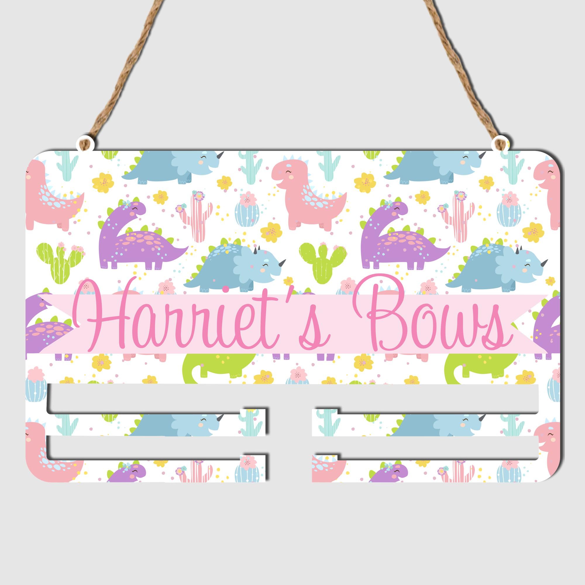 Pixie's Gifts Personalised Hair Bow Holder for Girls - Storage Rail for Girl's Bedroom Wall Decor - Great Gift for Girls who Love Hair Bows (Double Rail, Dinosaurs)
