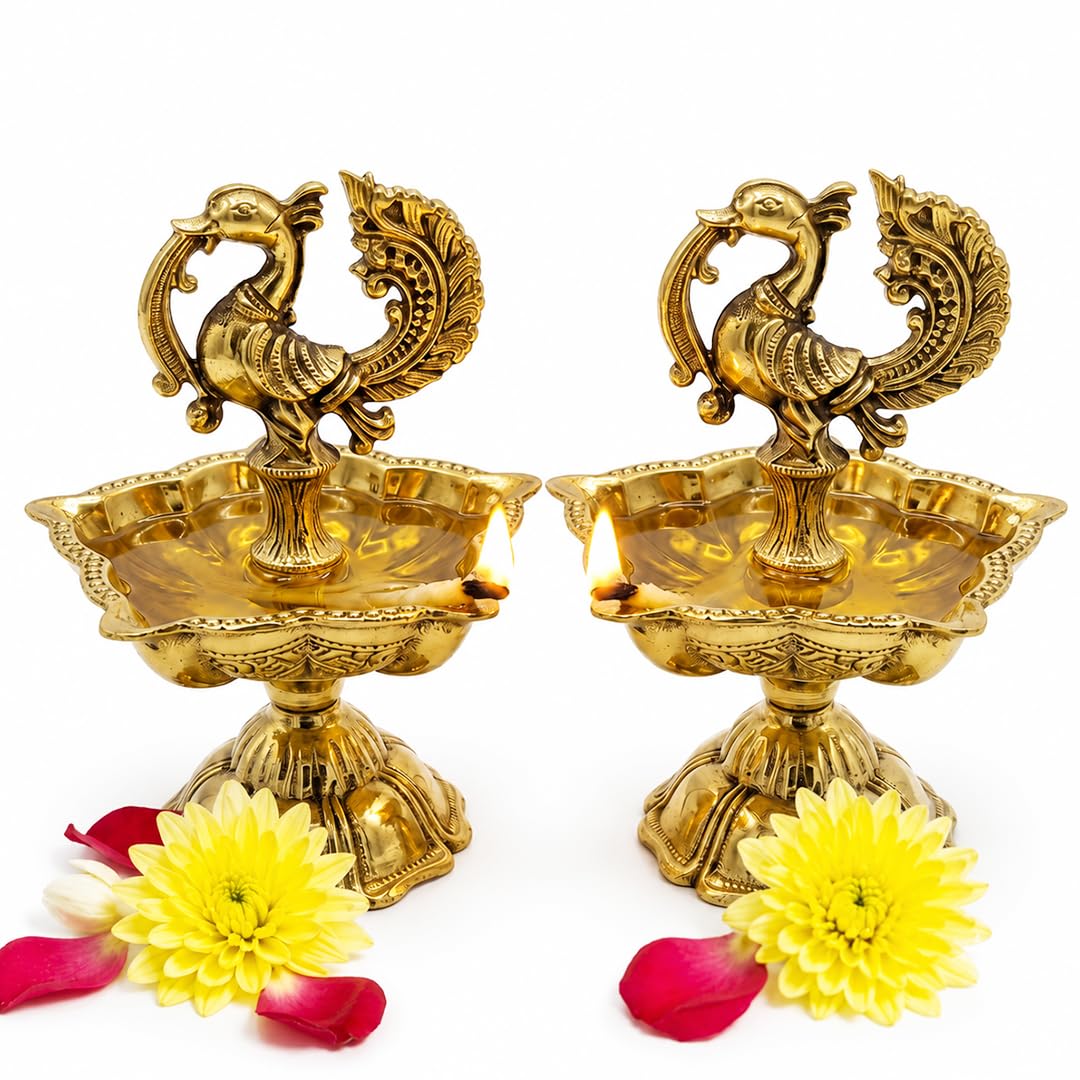 Pure Brass Diya Peacock Design Pancha Muki Kuthu Vilakku, 7 CM Set of 2, Oil Wick Lamp, Diwali Decor, Home Deepam/ Pancha Mugi Diyas-image-24
