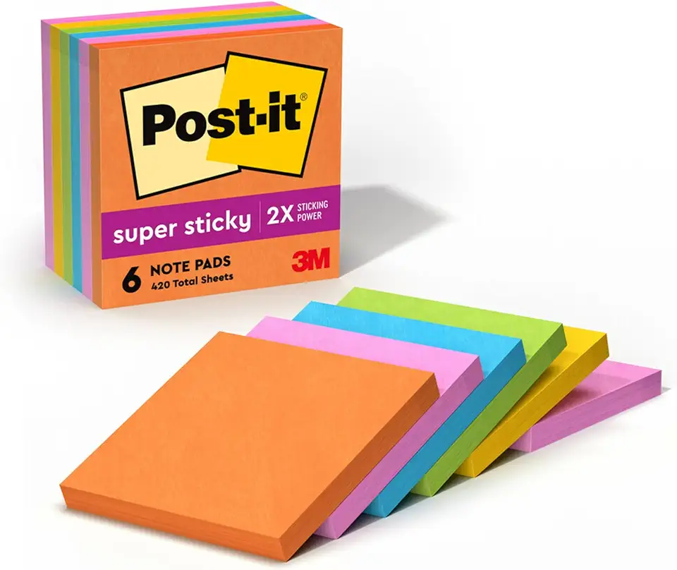 Post-it Super Sticky Notes, 3x3 in, 6 Pads, 2X The Sticking Power, Energy Boost Collection, Bright Colors (Orange, Pink, Blue, Green),Recyclable (654-6SSAU)