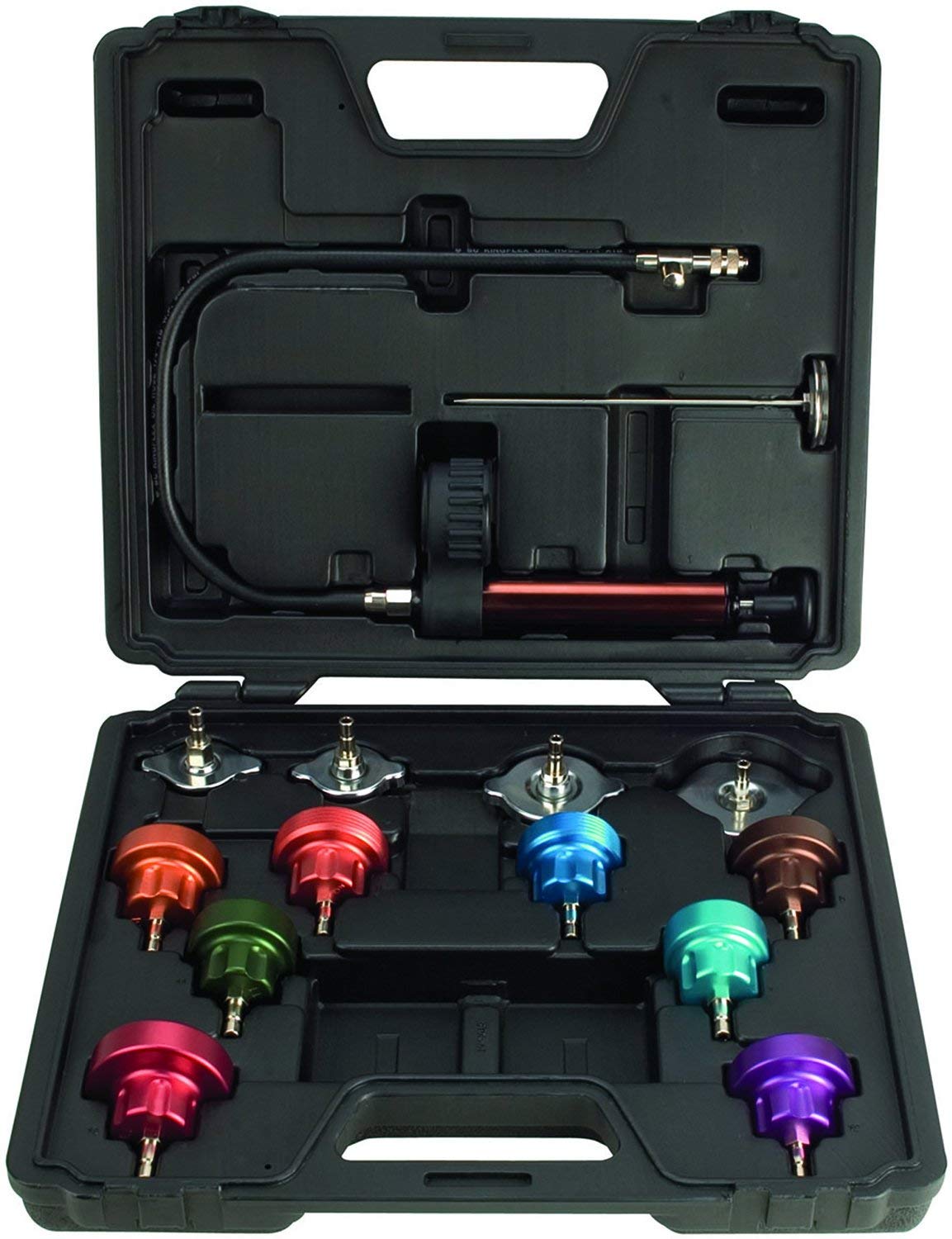 SteelmanDeluxe Cooling System Pressure Test Auto Diagnostics Kit for Mechanics, Tests 4-30 PSI, Extra-Long 24” Hose, Conventional Neck, Internally Threaded, and Externally Threaded Adapters