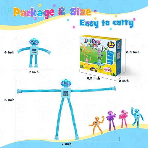 Miniatura 20 de Juguetes sensoriales antiestrés para niños: paquete de 4 tubos telescópicos LED de jirafa para reventar de 3, 4, 5, 6, 7, 8 años, regalos