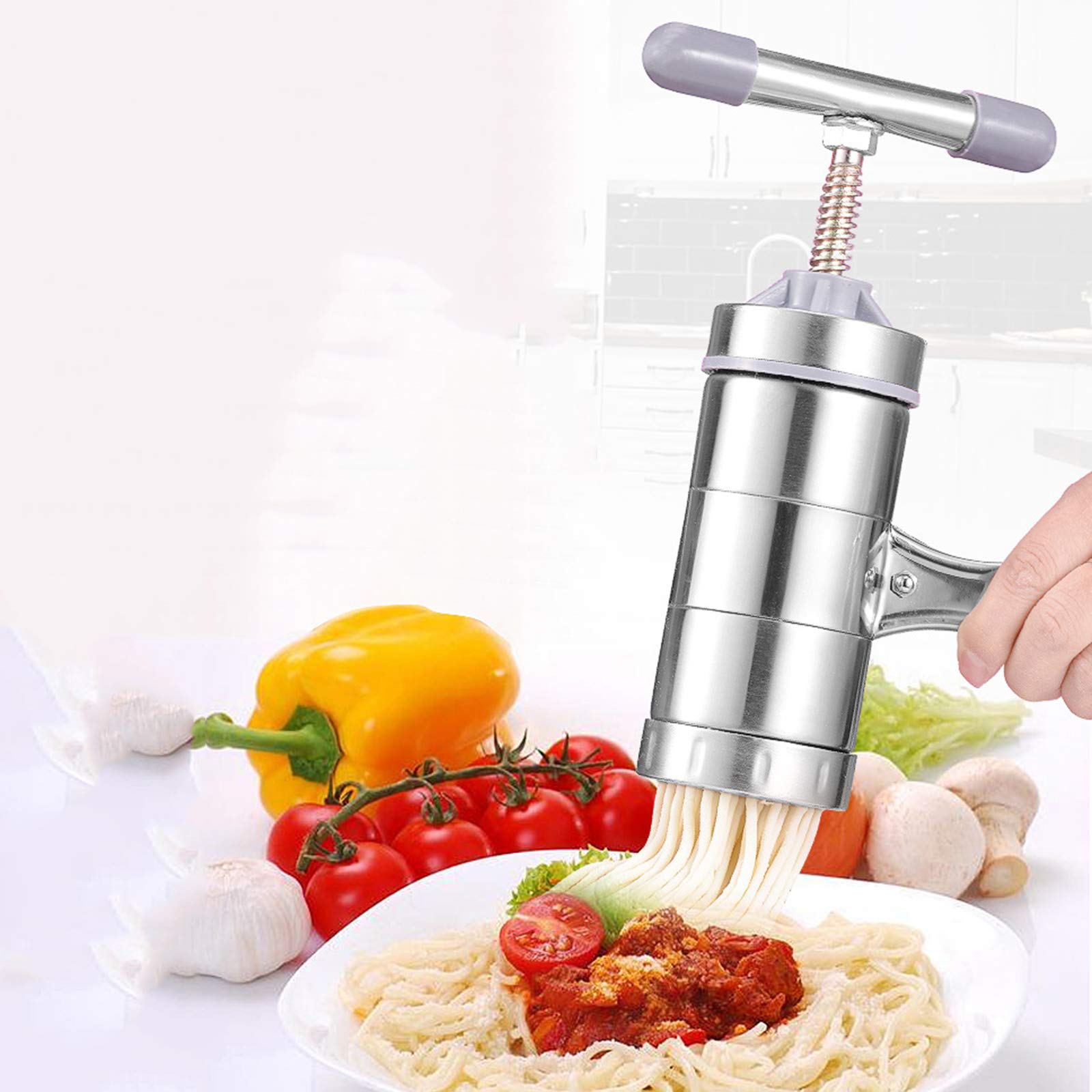 Suministros De Cocina Exprimidor Manual De Frutas para Hacer Fideos, Prensa De Pasta De Metal Multifuncional, Incluye 5 Moldes De Fideos Intercambiables, Hacer Espaguetis, Macarrones