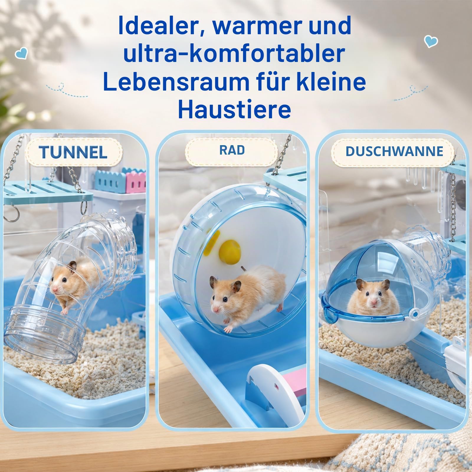 Acryl Kleintierkäfig 2 Etagen, Transparentes Hamsterhaus mit Komplettzubehör, Modernes Hamsterheim mit breiter Tür & Klarsicht Design, 37x33x28cm für Hamster, Mäuse & Gerbile