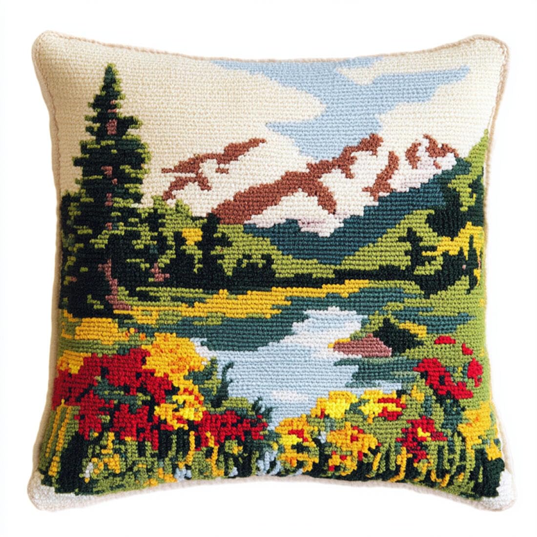 Kitquiver DIY Latch Hook Kit Mountain and Lake Scenery Latch Hook Kit for Adults Beginners Embroidery Crochet Set DIY Throw Pillow Covers Kits 17x17In
