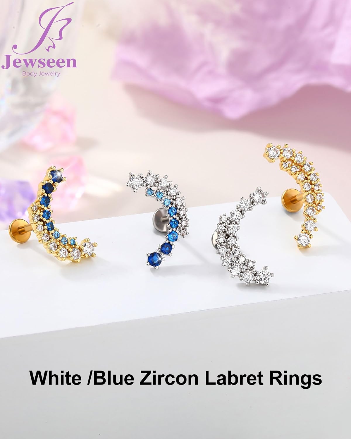Jewseen Gradation Blue Zircon Surgical Steel Helix Conch Nose Piercing Stud | 316L Stainless Steel Hypoallergenic 16G 6mm 5A Grade Flashy Zircon Flat Back