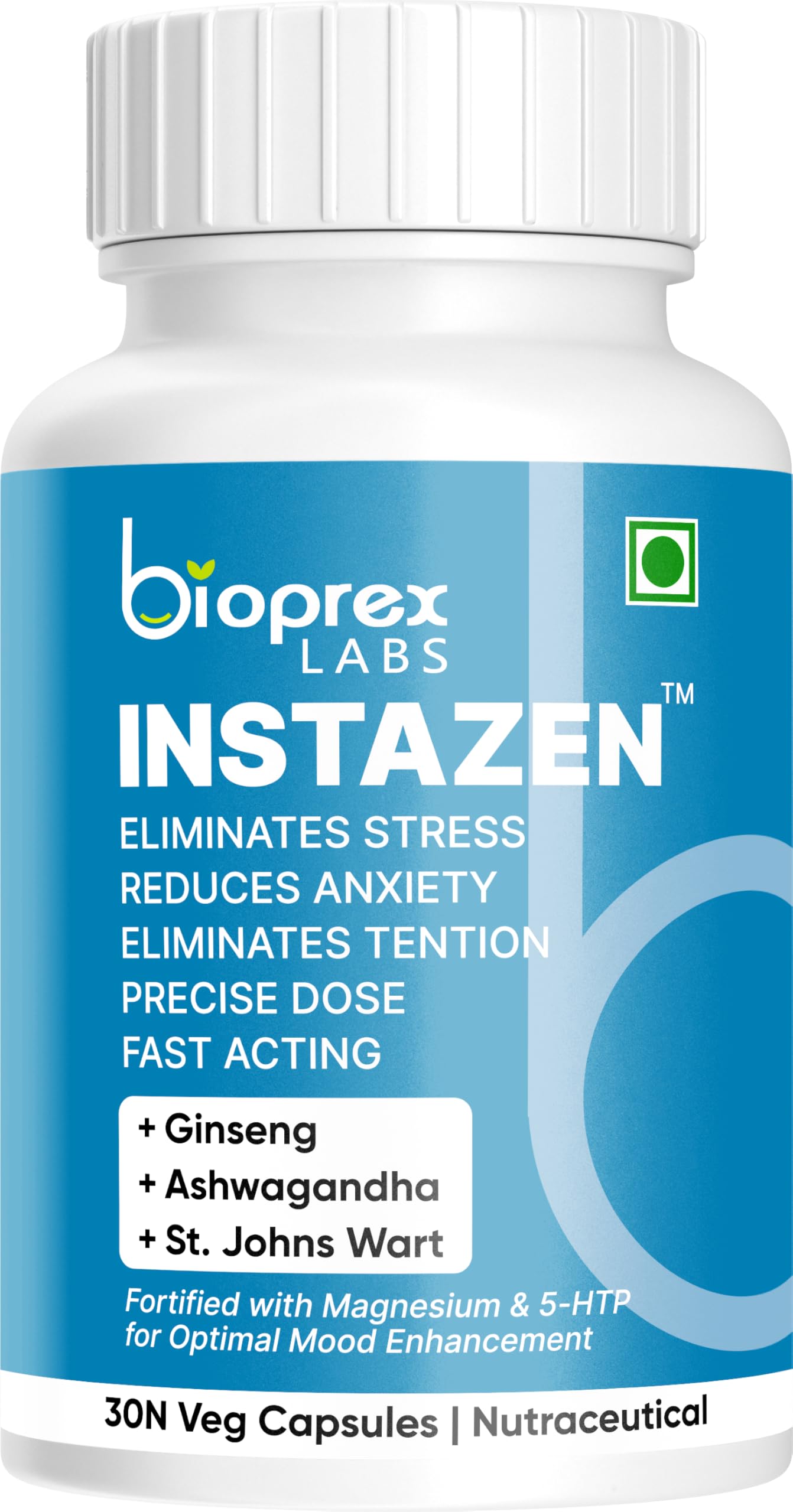 Instazen Stress & Anxiety Relief Supplement for Men & Women (30 Capsules) | Calms Mind, Improves Sleep, Reduces Insomnia | Non-Habit Forming Supplement with Ginseng, Ashwagandha & St. John’s Wort | Safe and Effective