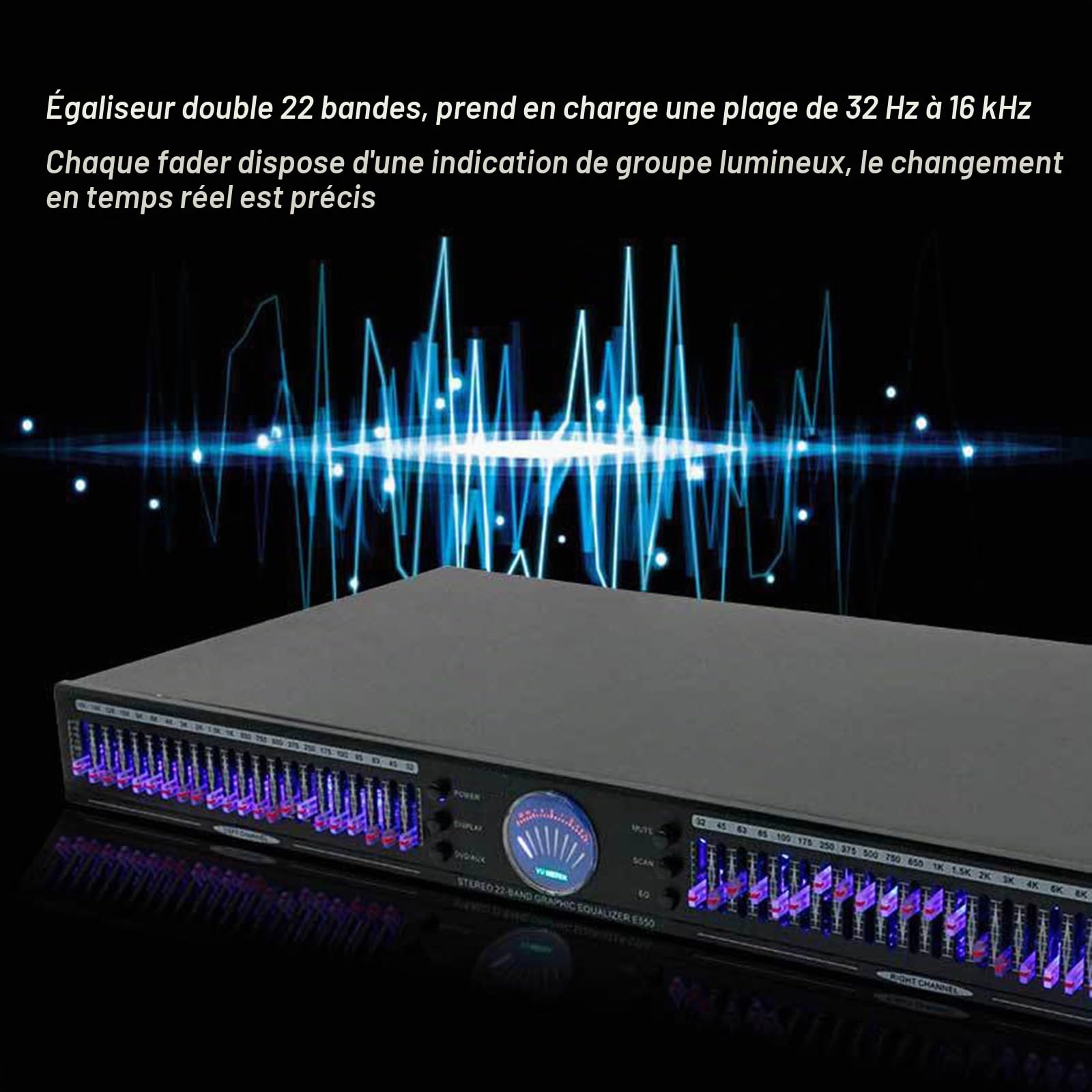 Égaliseur Audio 22 Bandes, Égaliseur Graphique Stéréo, Montage en Rack 1U À Deux Canaux, avec 10 Effets Prédéfinis, Réduction Automatique du Bruit